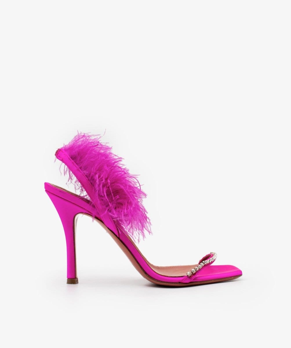 Amina Muaddi Pink Satin Feather Diamante Sandals - AGL1563