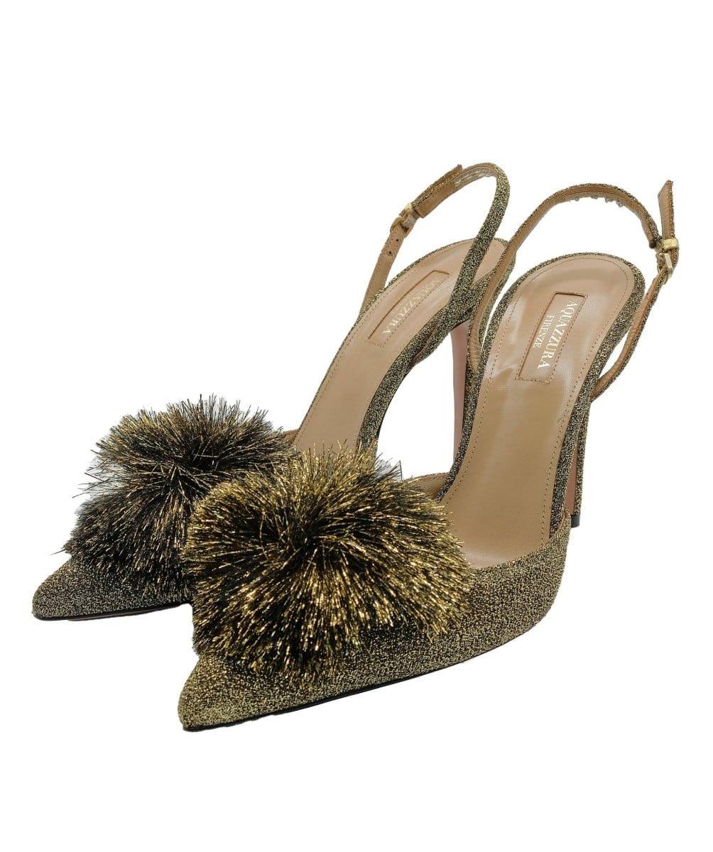 Aquazzura Gold Pompom Slingback Sandals 40 RJC2742