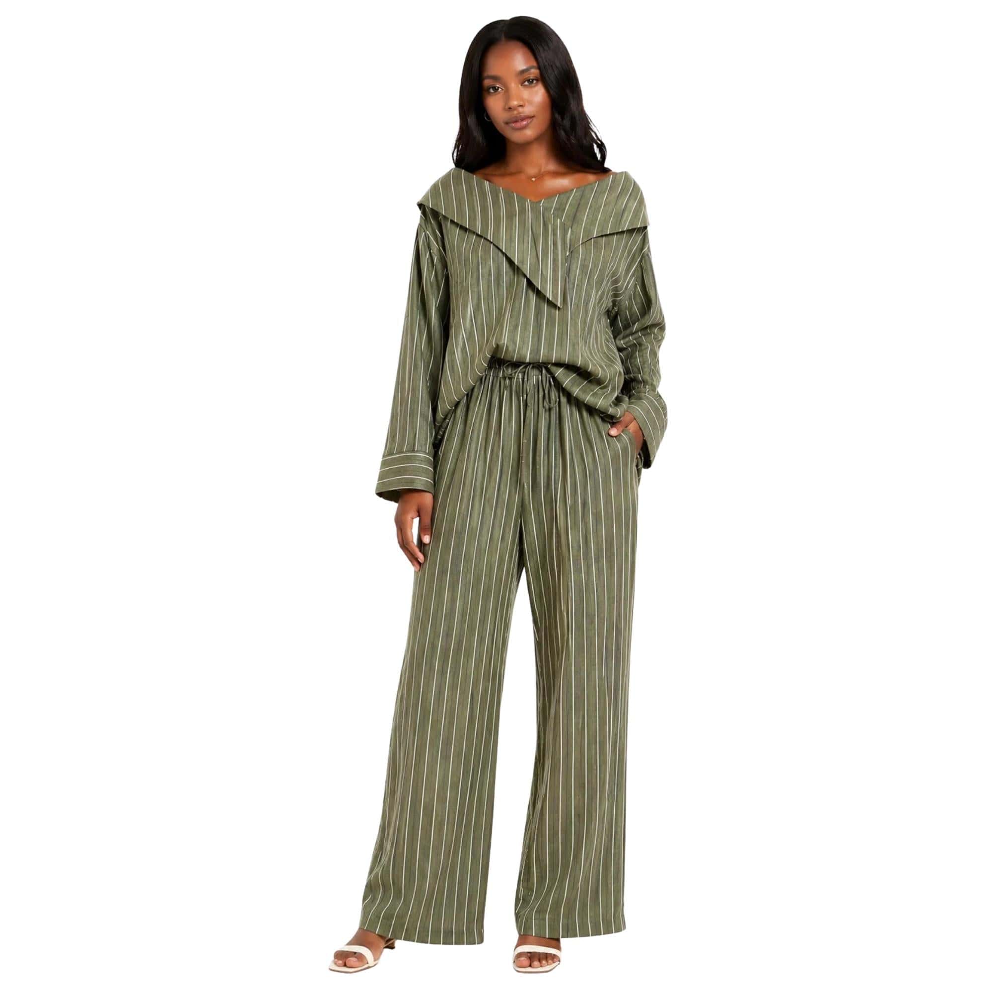 ASYA K. PINSTRIPE OFF SHOULDER BLOUSE (قميص) “MELON C.”