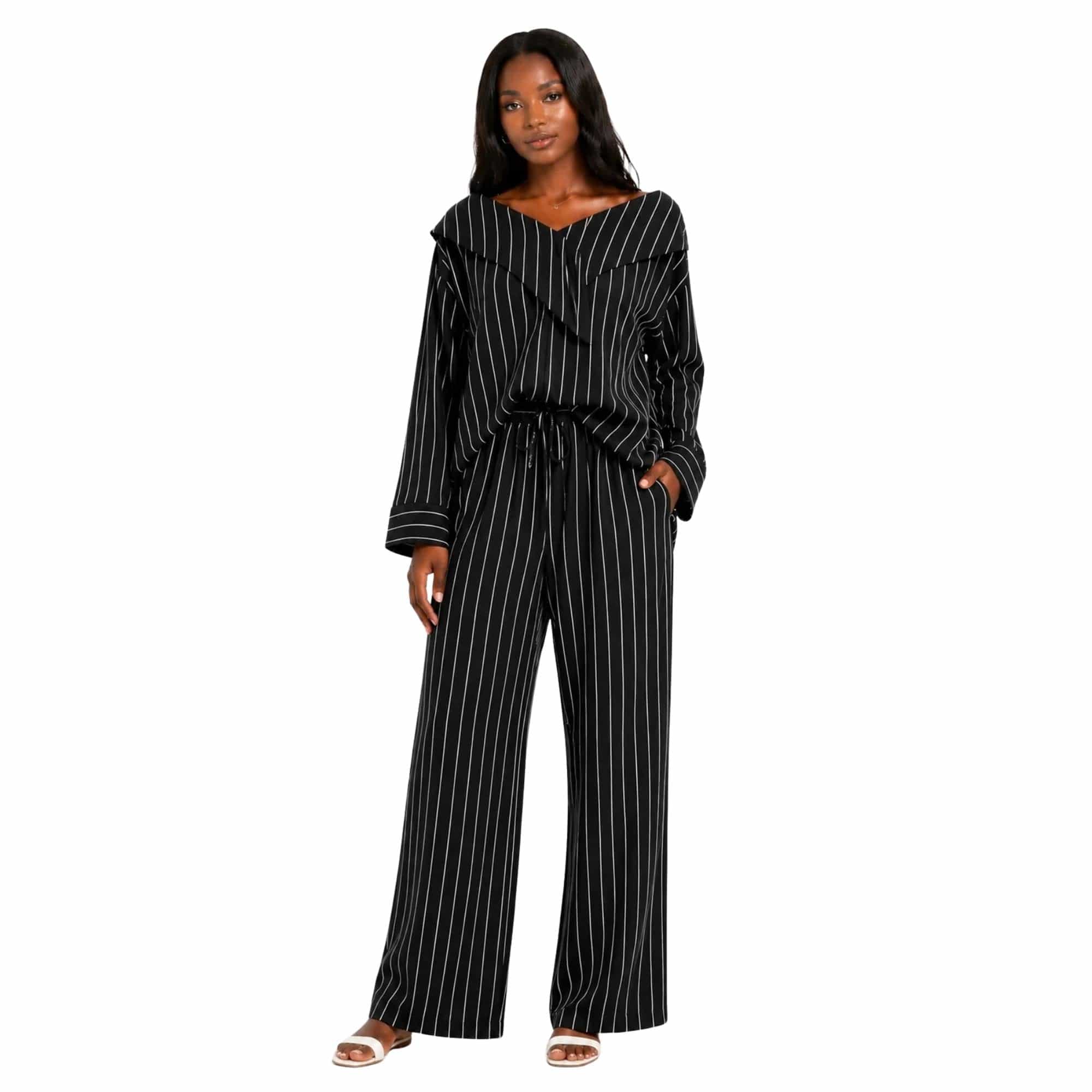 ASYA K. PINSTRIPE OFF SHOULDER BLOUSE (قميص) “MELON C.”