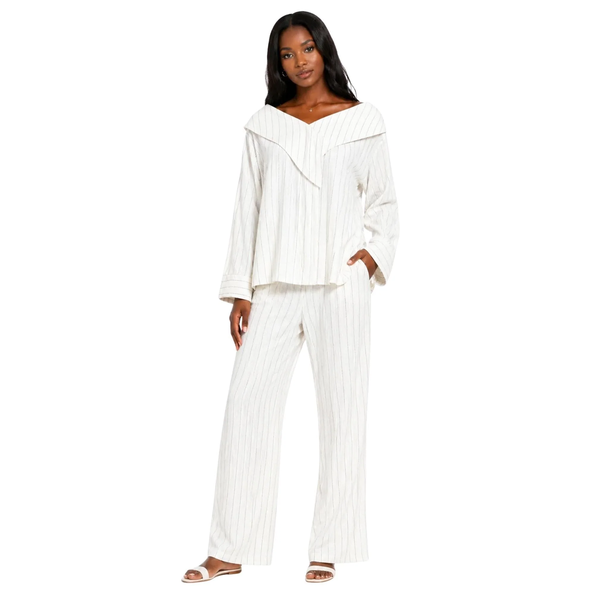 ASYA K. PINSTRIPE OFF SHOULDER BLOUSE (قميص) “MELON C.”