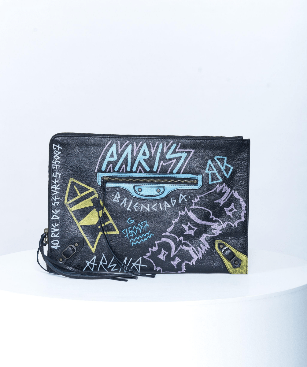 Balenciaga Balenciaga Graffiti Black Leather Clutch Bag