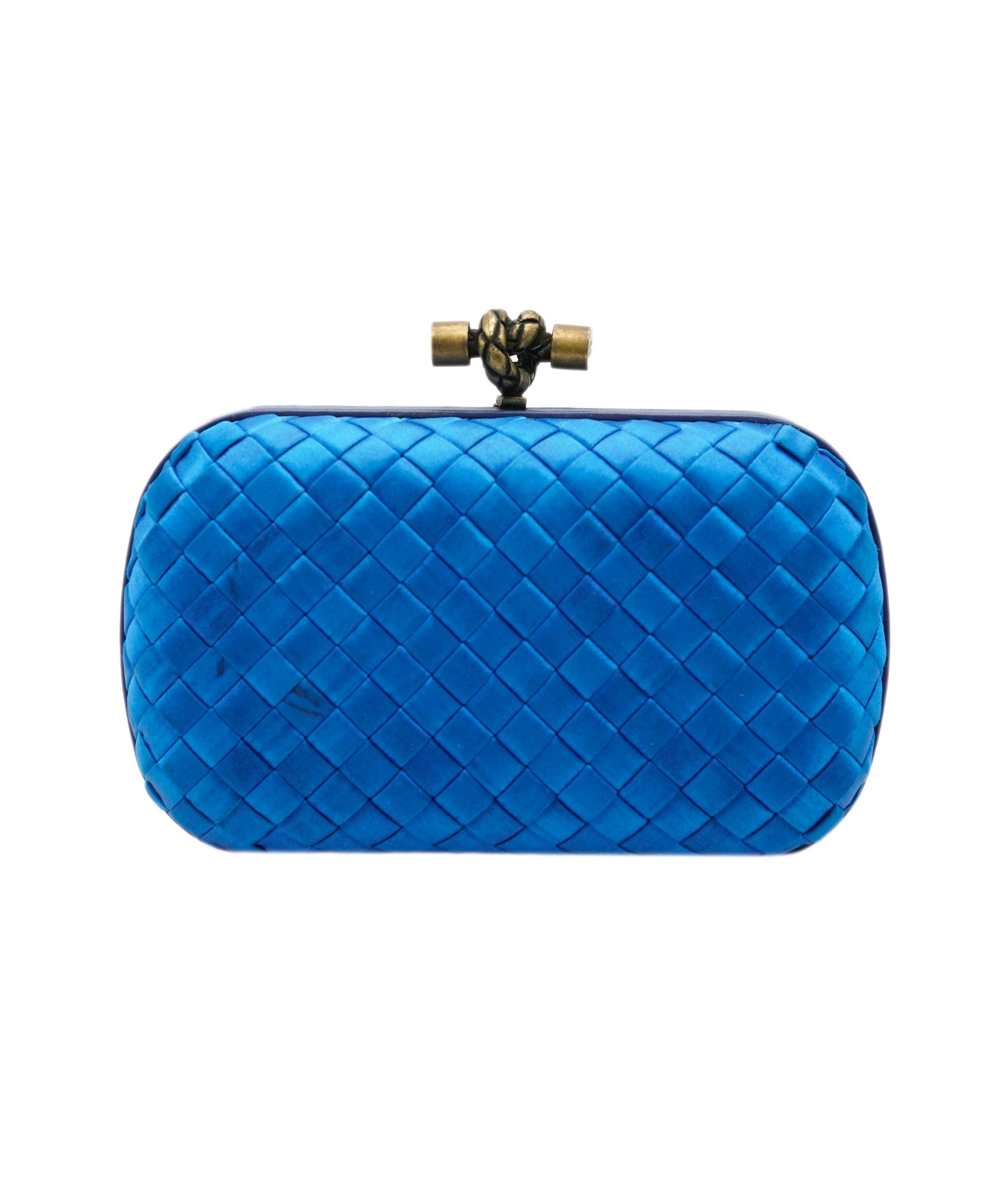 Bottega Veneta !!!   ON HOLD!!!!   Bottega Veneta Blue Mini Knot Clutch Bag in Satin with Leather Detail and Antique Gold Hardware ASL10572