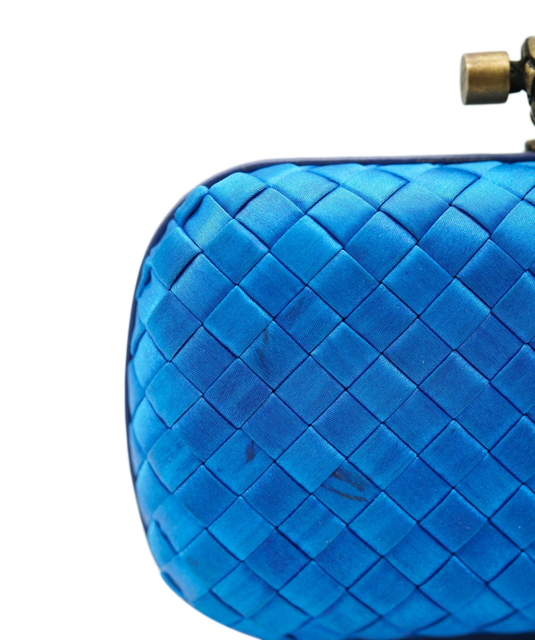 Bottega Veneta !!!   ON HOLD!!!!   Bottega Veneta Blue Mini Knot Clutch Bag in Satin with Leather Detail and Antique Gold Hardware ASL10572