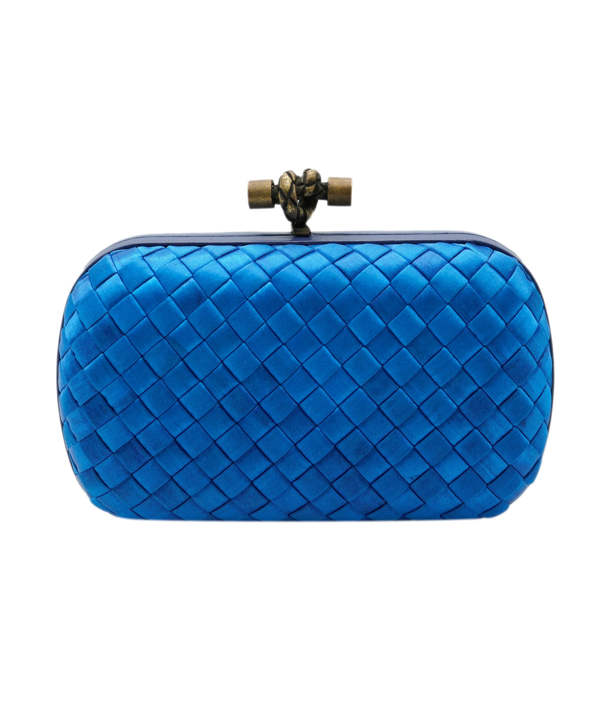 Bottega Veneta !!!   ON HOLD!!!!   Bottega Veneta Blue Mini Knot Clutch Bag in Satin with Leather Detail and Antique Gold Hardware ASL10572