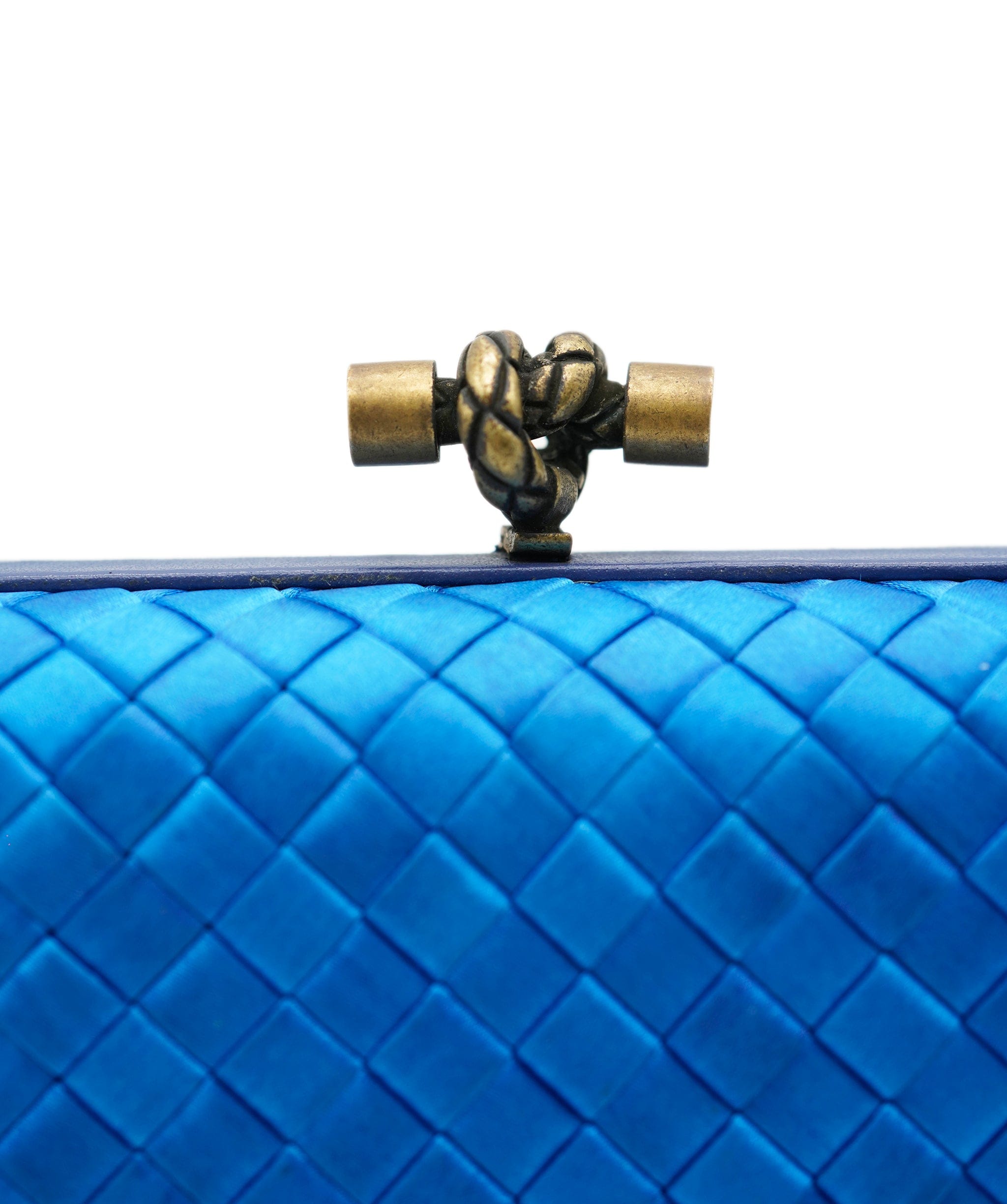 Bottega Veneta !!!   ON HOLD!!!!   Bottega Veneta Blue Mini Knot Clutch Bag in Satin with Leather Detail and Antique Gold Hardware ASL10572