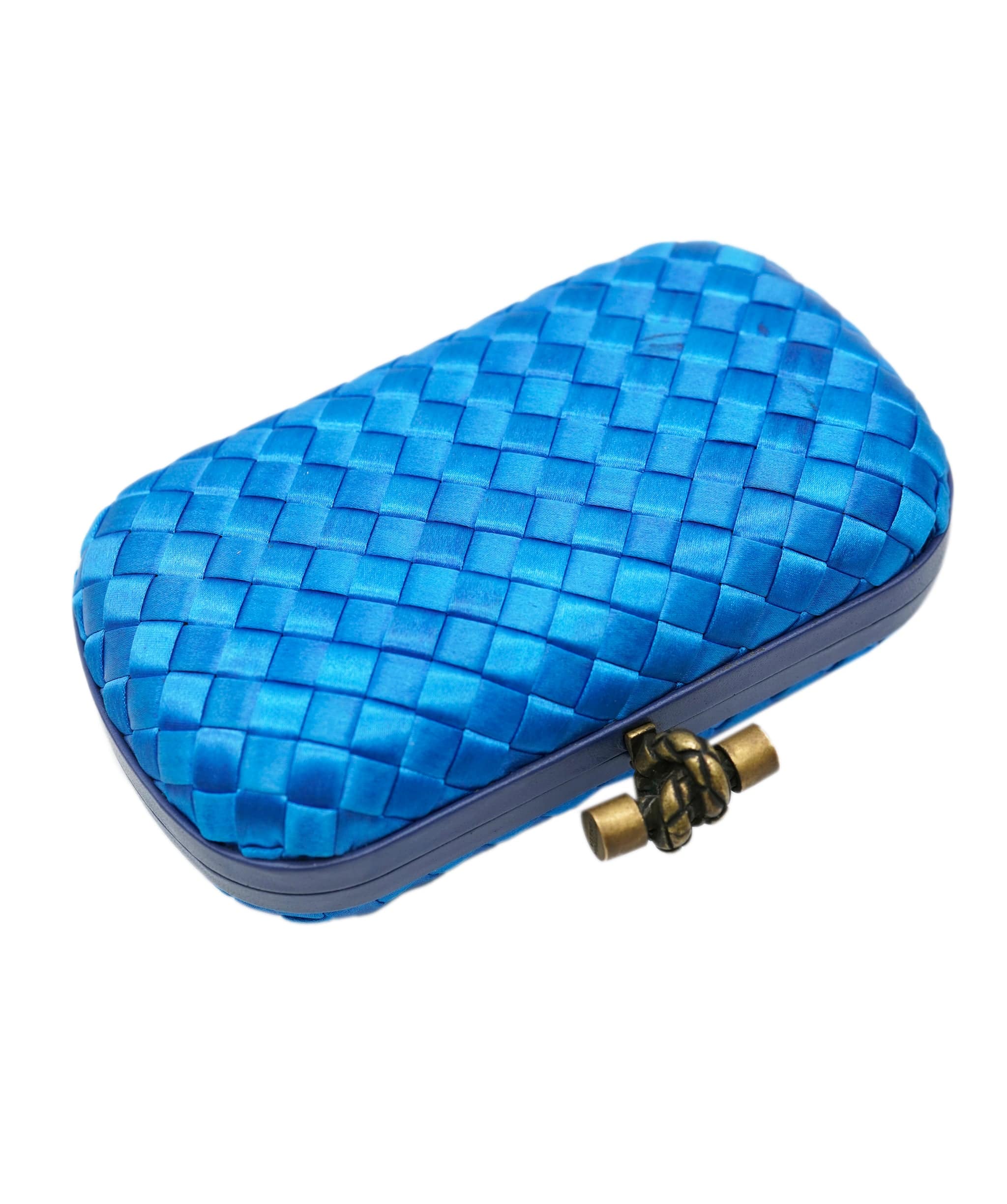 Bottega Veneta !!!   ON HOLD!!!!   Bottega Veneta Blue Mini Knot Clutch Bag in Satin with Leather Detail and Antique Gold Hardware ASL10572