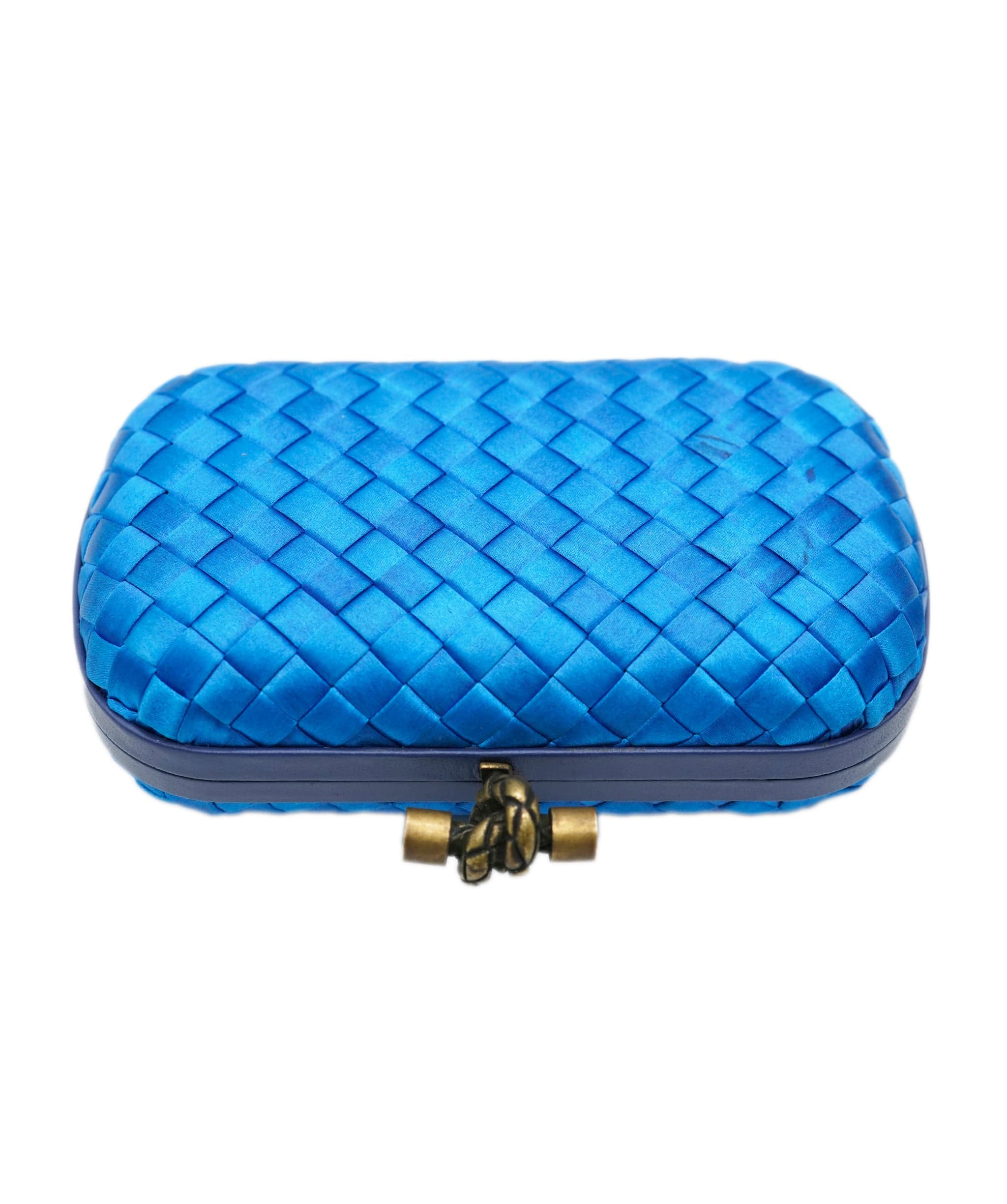 Bottega Veneta !!!   ON HOLD!!!!   Bottega Veneta Blue Mini Knot Clutch Bag in Satin with Leather Detail and Antique Gold Hardware ASL10572