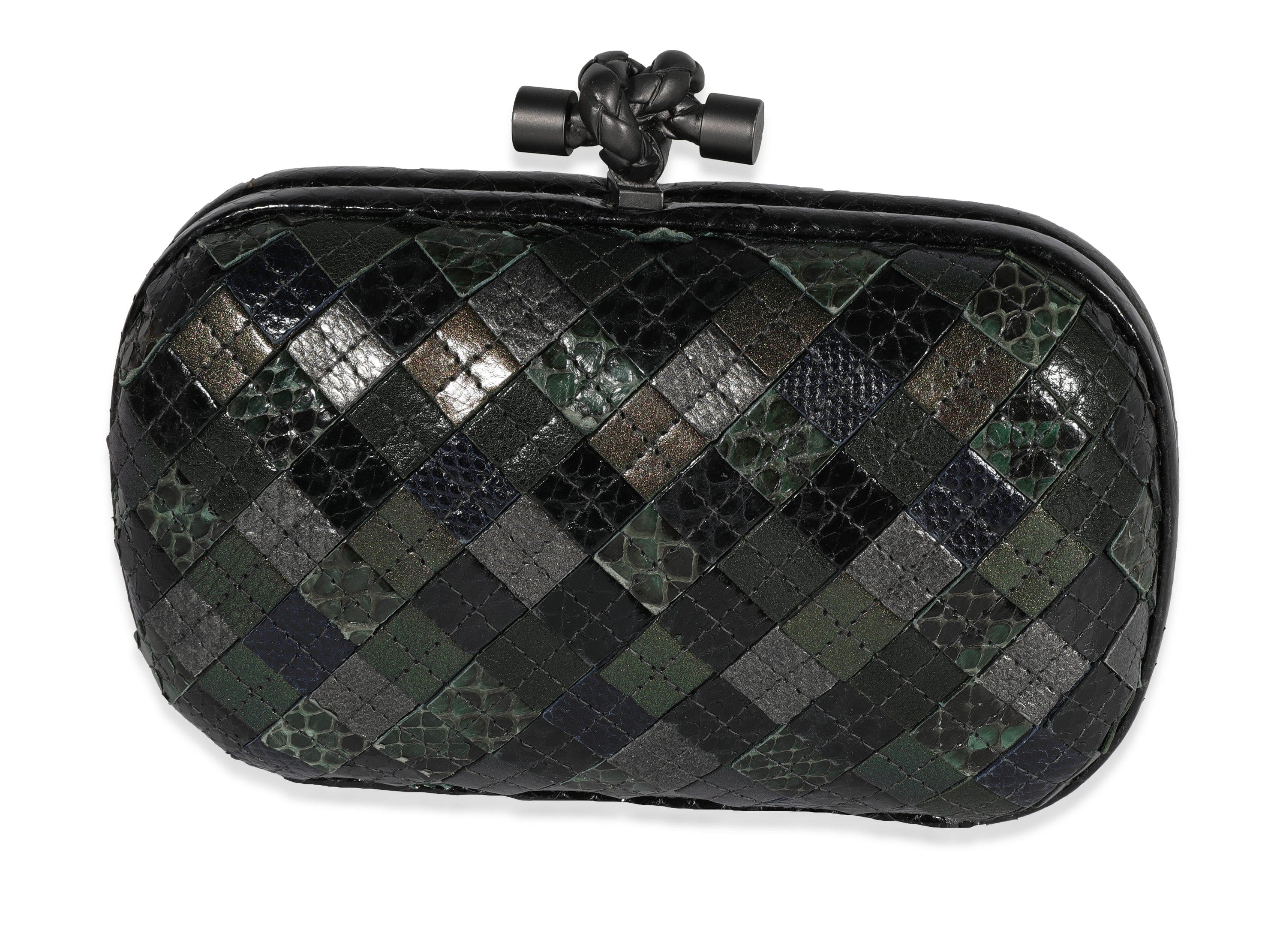 Bottega Veneta Bottega Veneta Green & Black Patchwork Intrecciato Python Knot Clutch