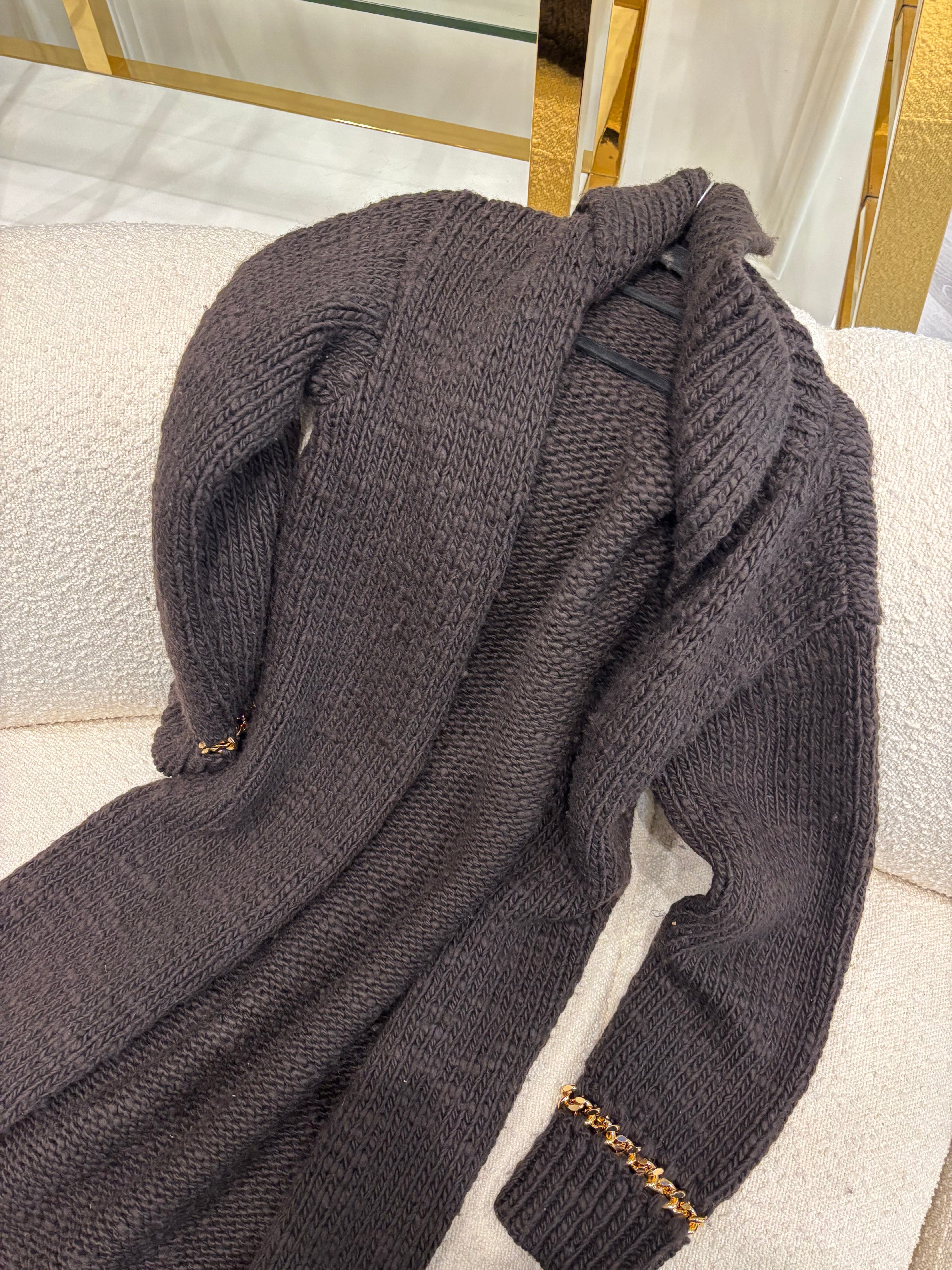 Bottega Veneta Bottega Veneta 2020 Brown Wool Chain Embellished Long Ribbed Cardigan ALC2020