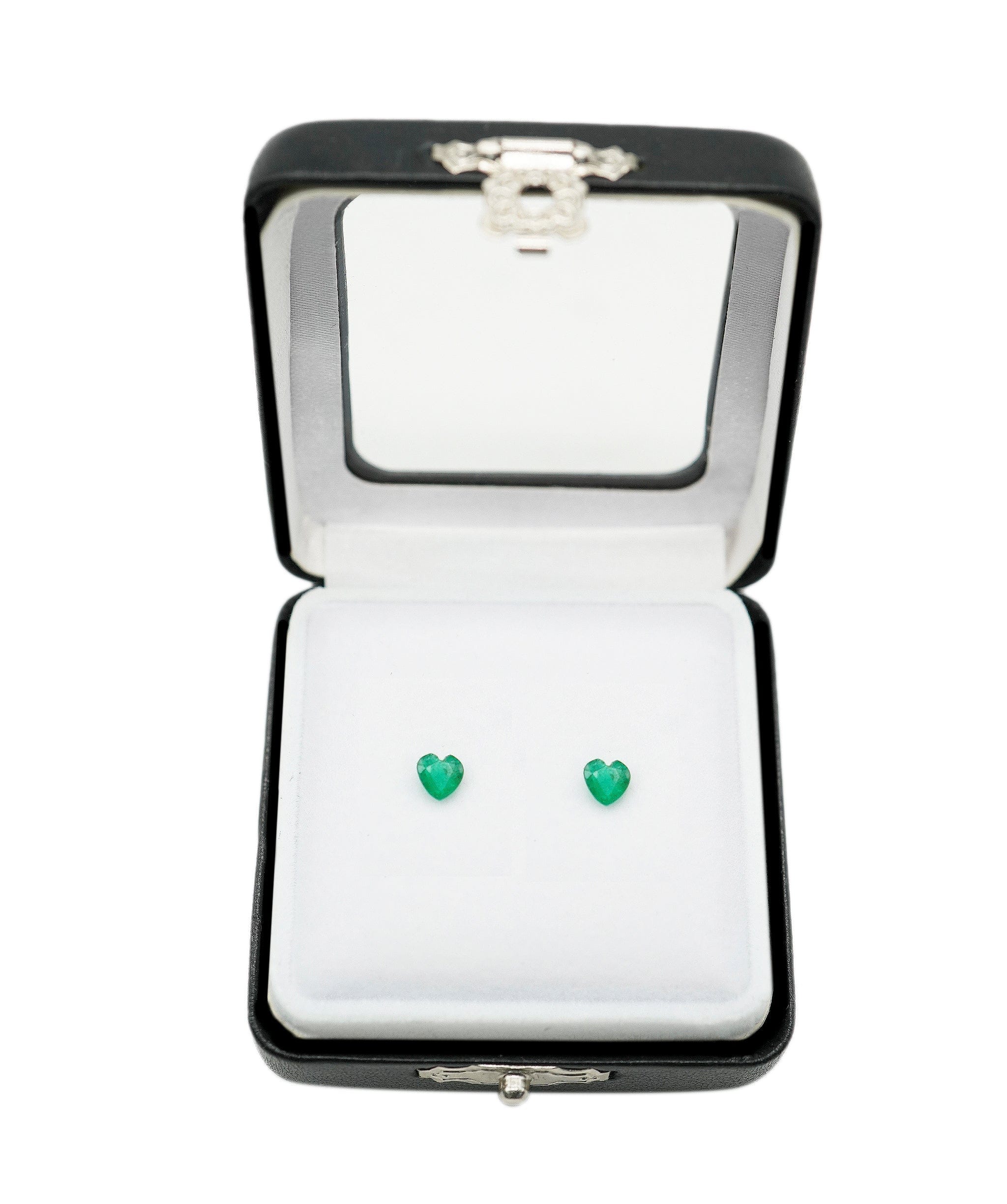 Brand Name Pair of heart-shaped Zambain emeralds: 0.38 and 0.38 carats, custom earstud mount AHL1087