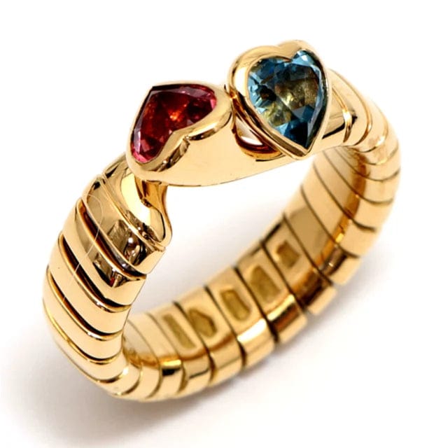 Bulgari BVLGARI Tubogas Heart Ring 18K Yellow Gold Pink Tourmaline & Blue Topaz Size 50 AJCSC1242