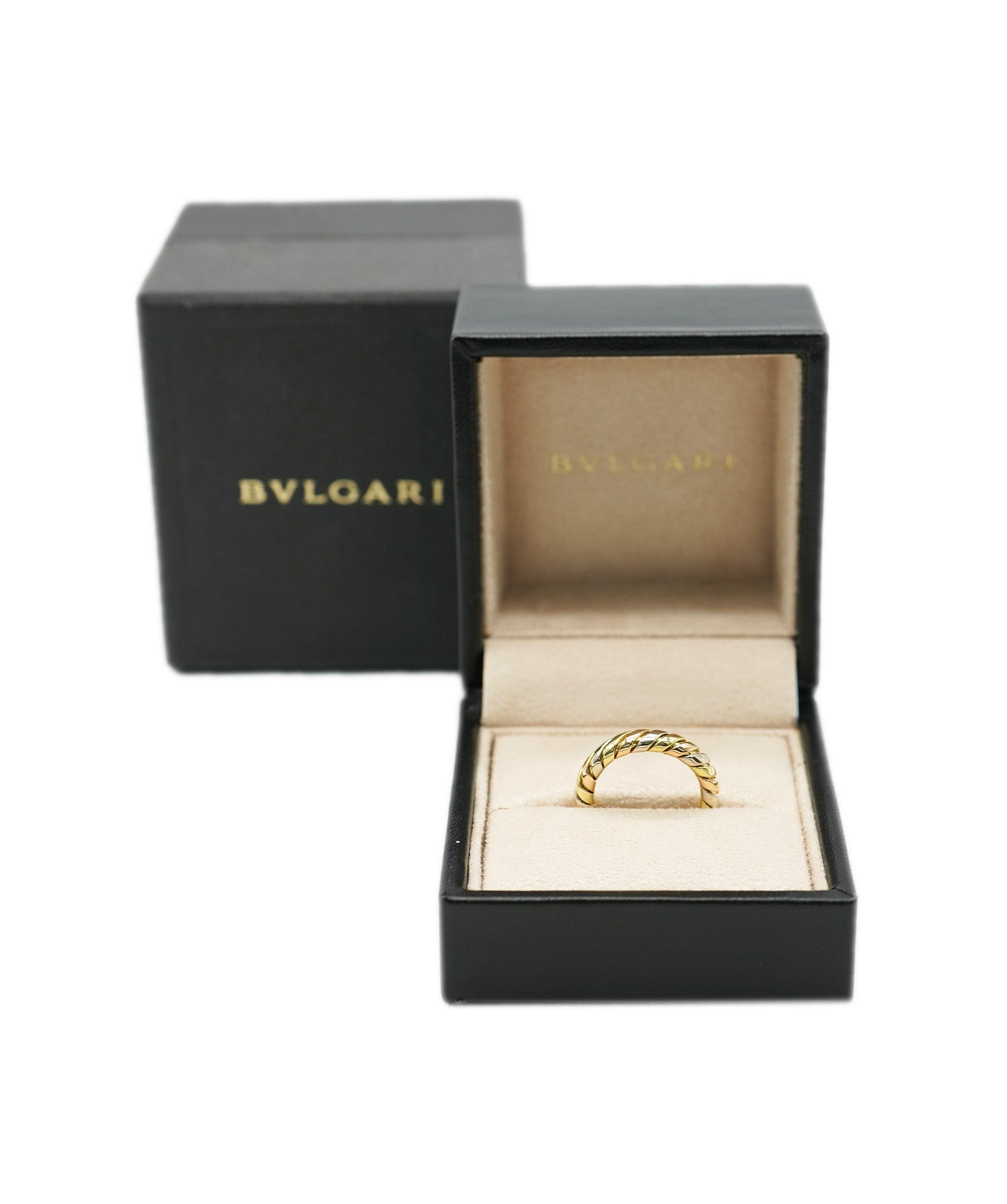 Bulgari Bvlgari Tubogas 18 Karat Yellow Rose White Gold Tricolour Band Swirl Ring ASL10283