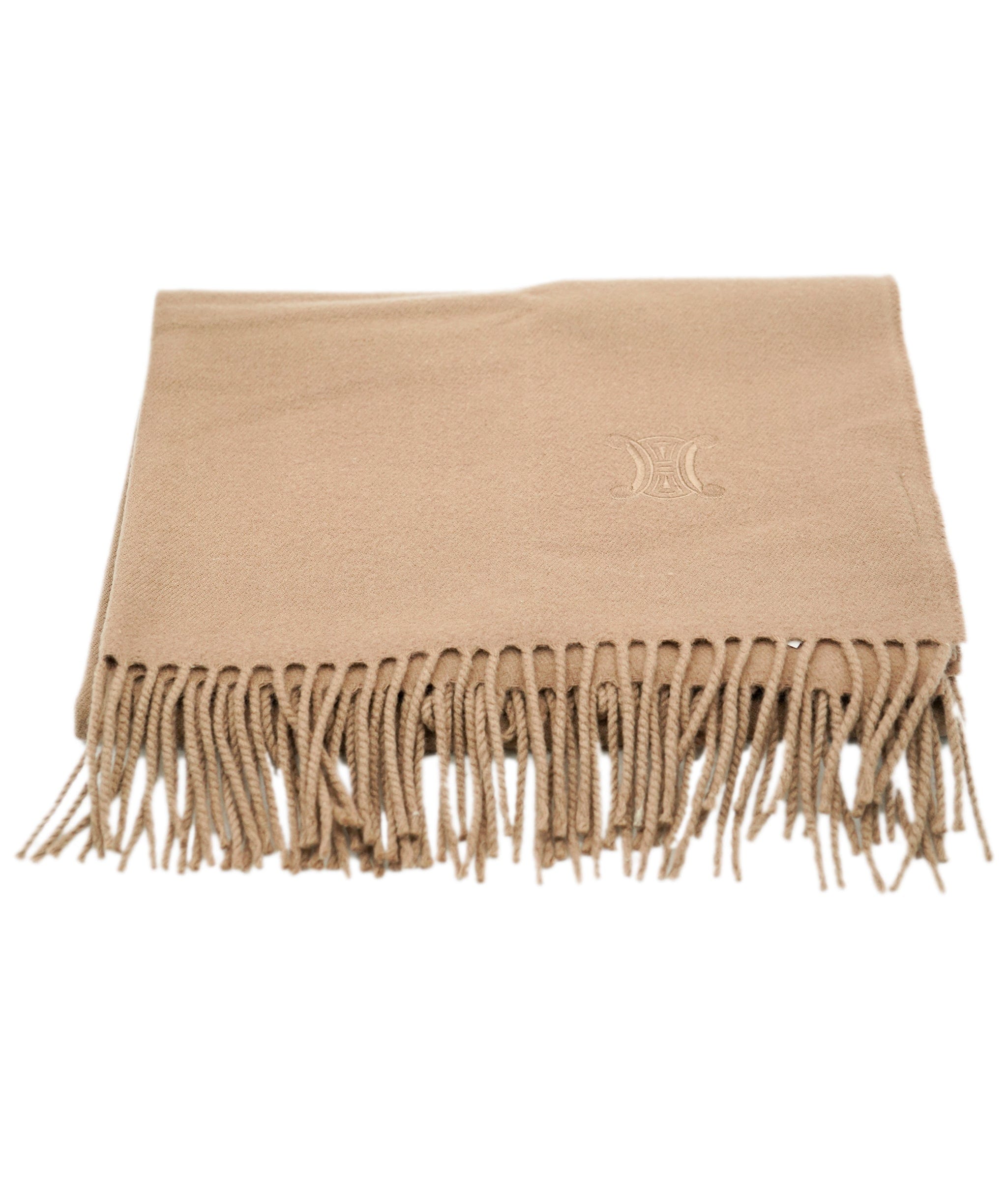 Celine Celine Logo Cashmere Scarf Brown Fringe DBXS2426 100% Wool