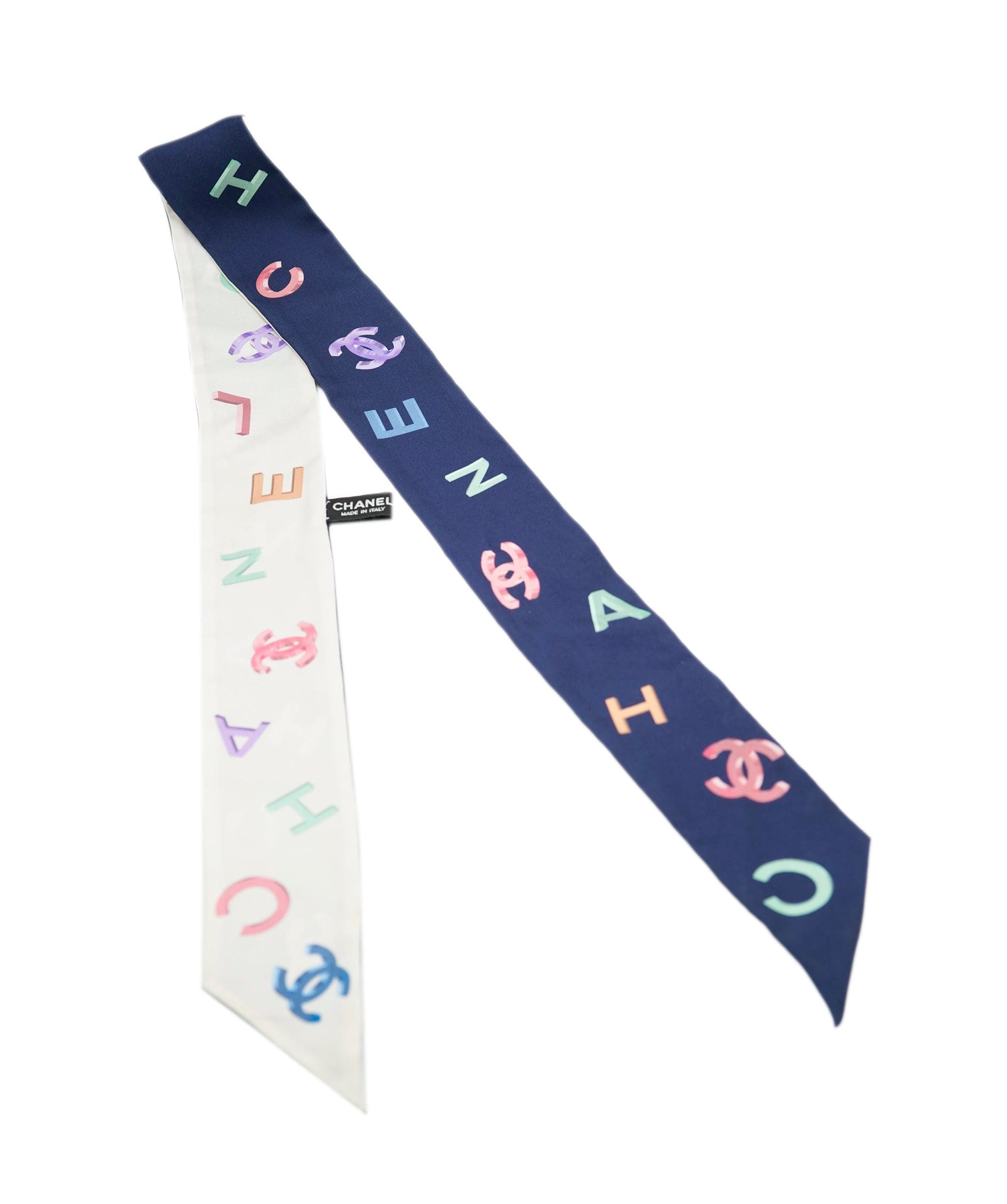 Chanel Chanel navy/white silk letters neck scarf 119cm - AJC0661