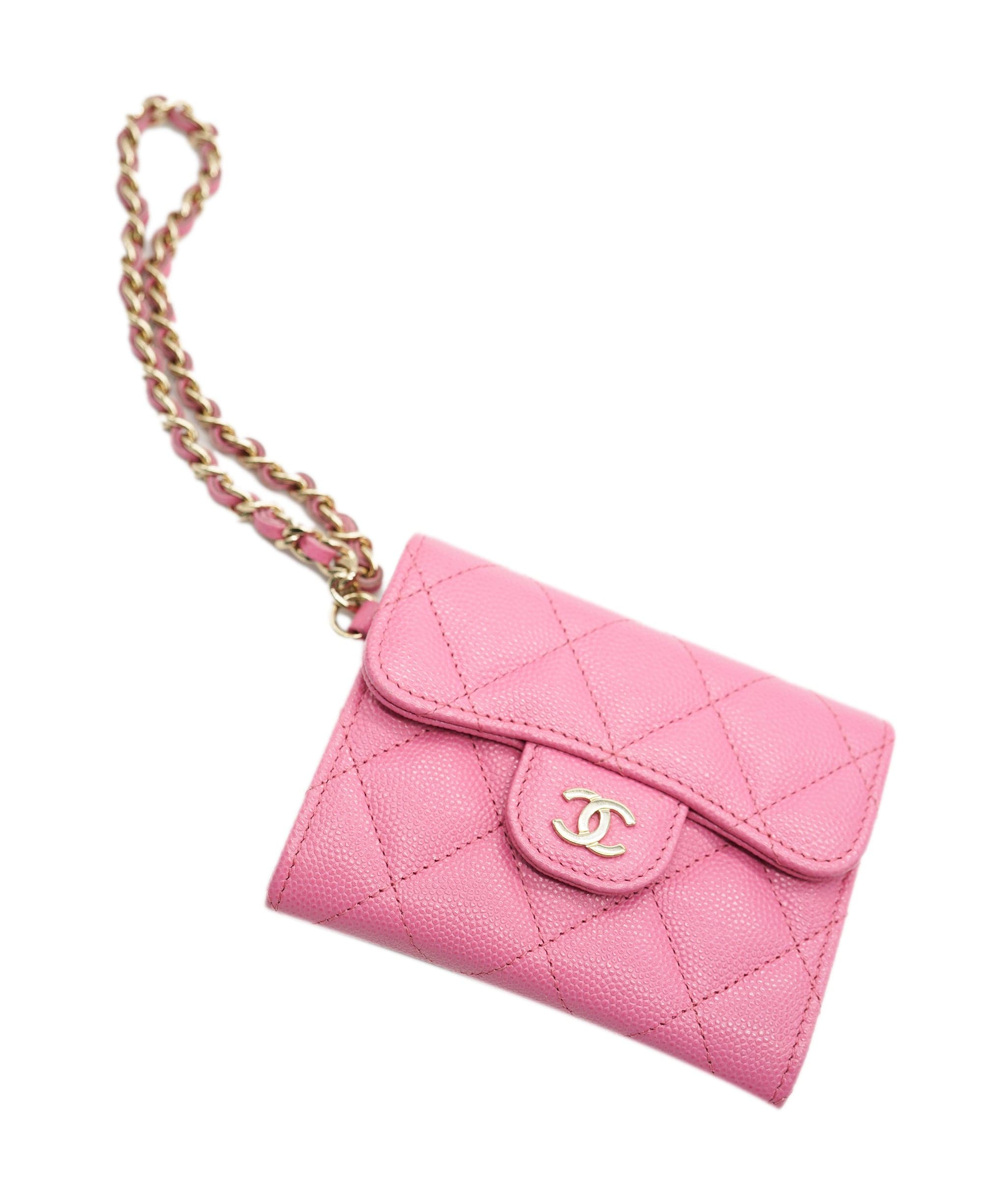 Chanel Chanel Pink Quilted Caviar Card Holder With Chain ABC0755