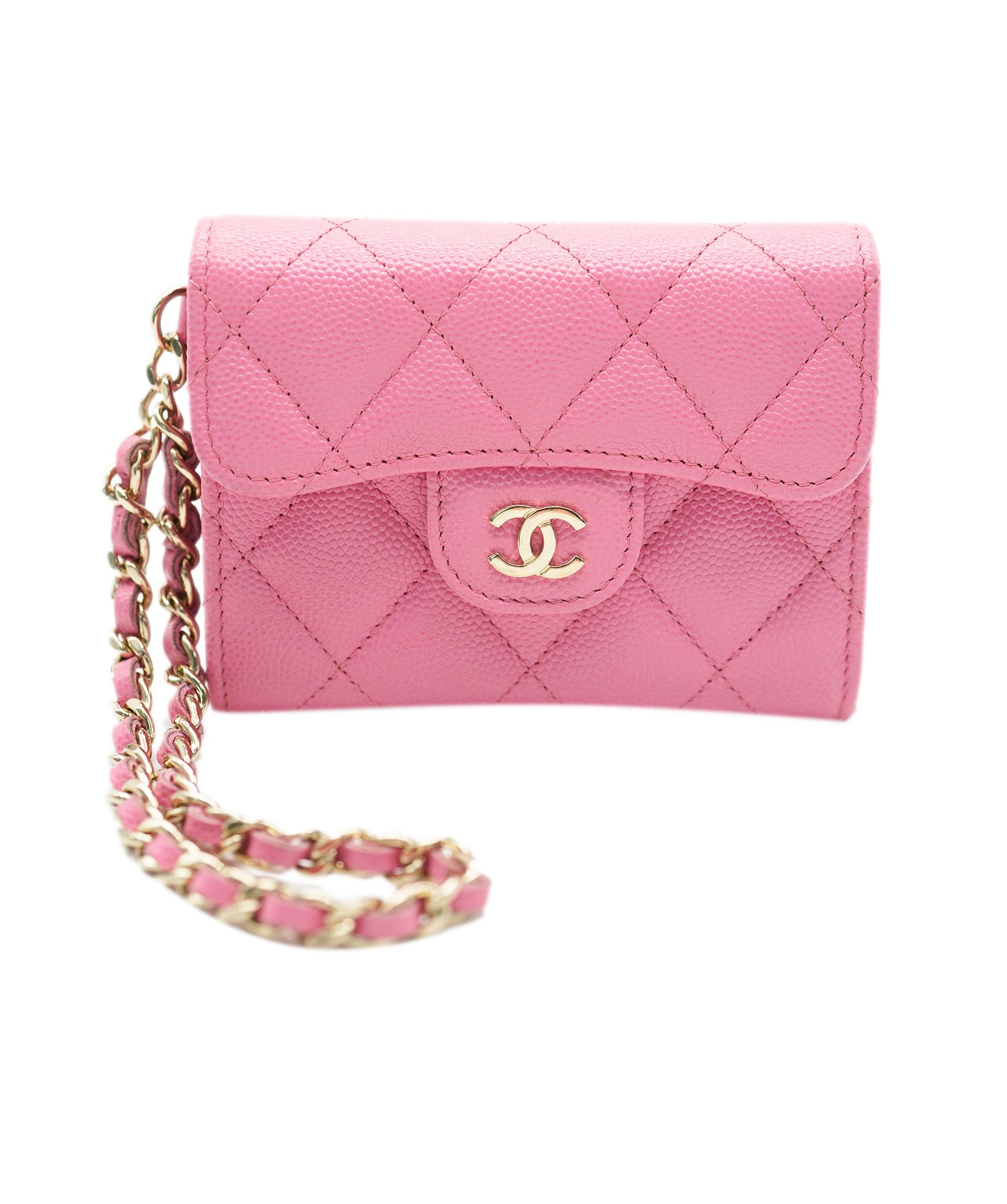 Chanel Chanel Pink Quilted Caviar Card Holder With Chain ABC0755