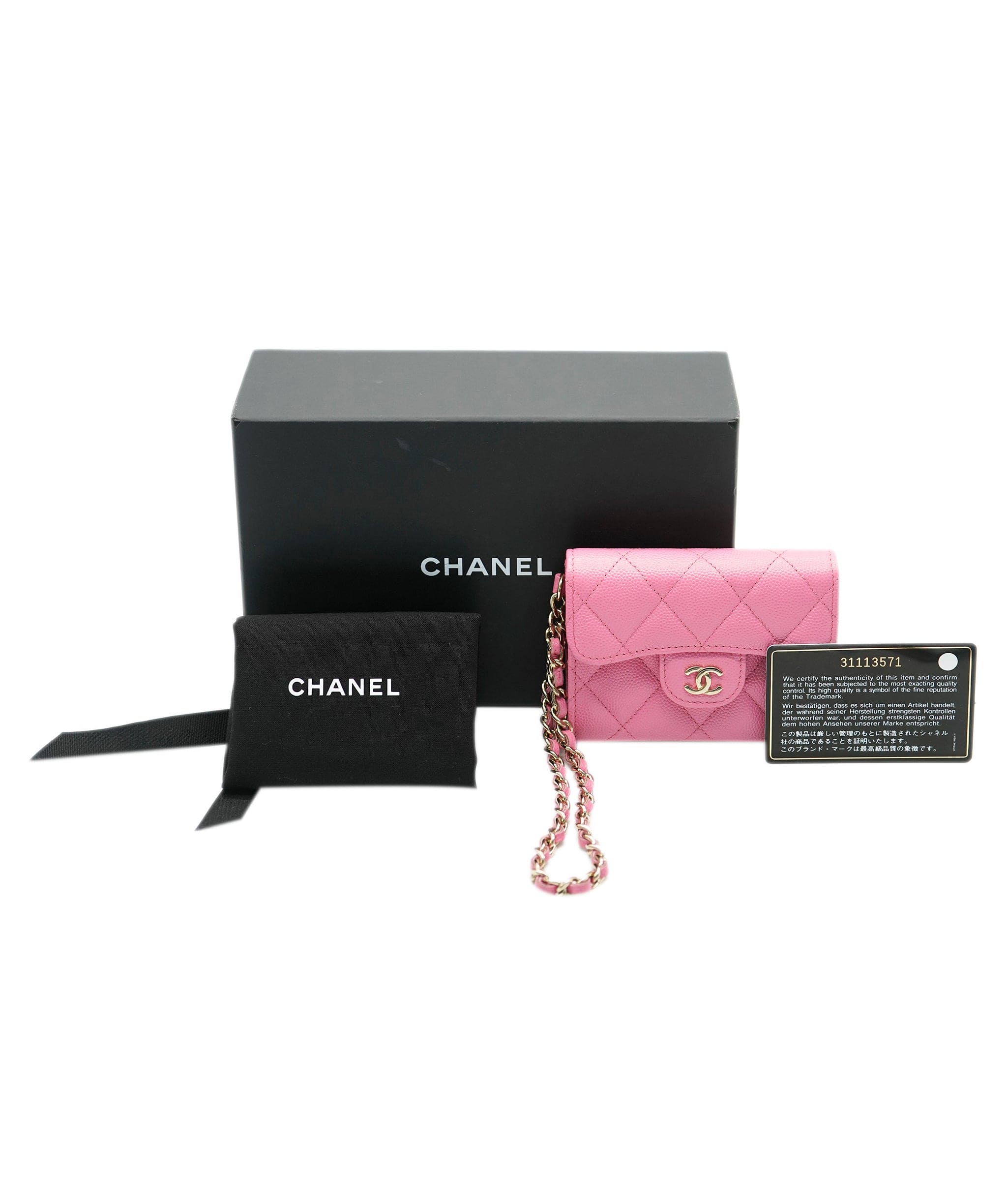 Chanel Chanel Pink Quilted Caviar Card Holder With Chain ABC0755