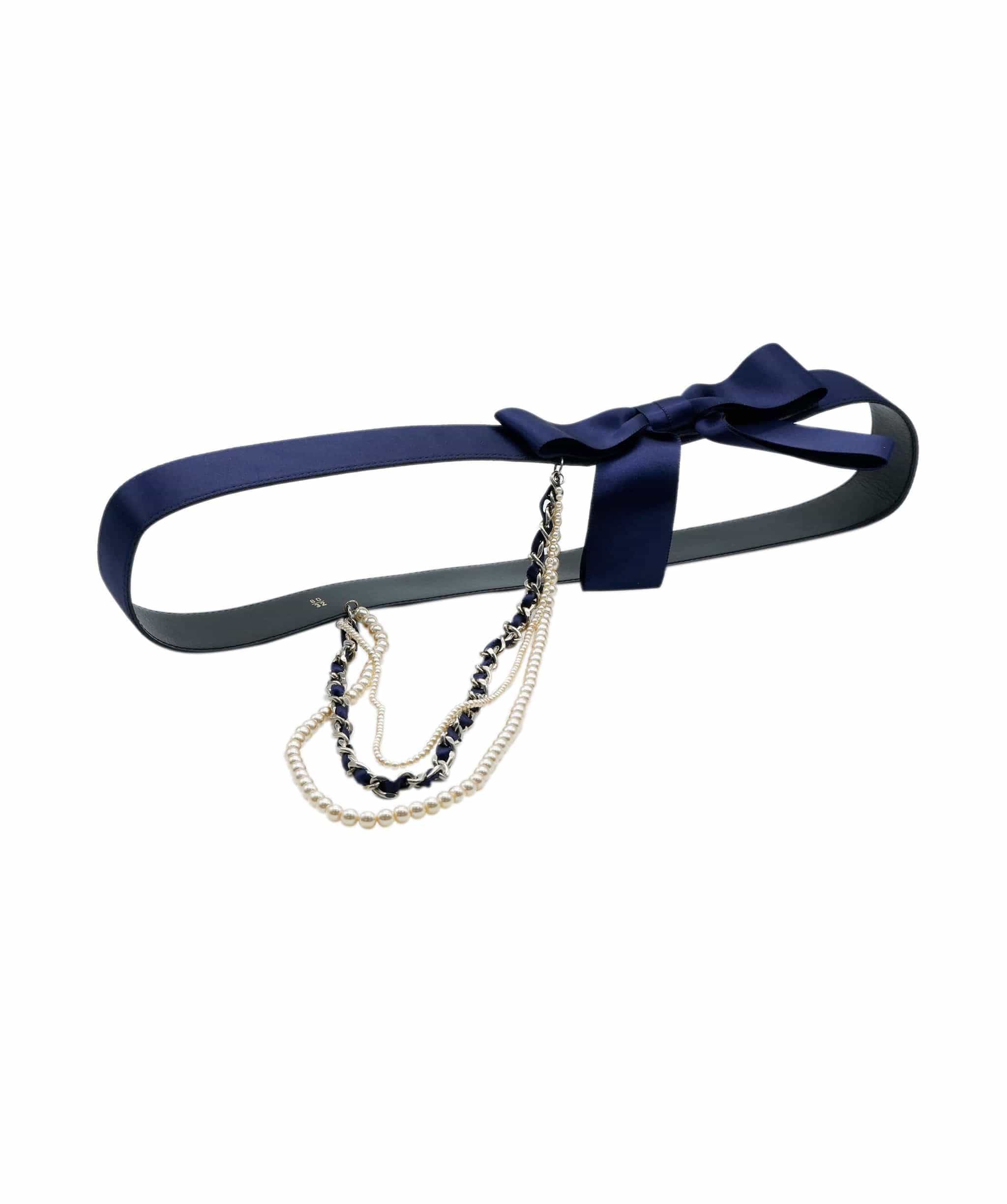 Chanel Chanel Belt Navy Satin Bow and Pearl Detail Size 80 AGC1472