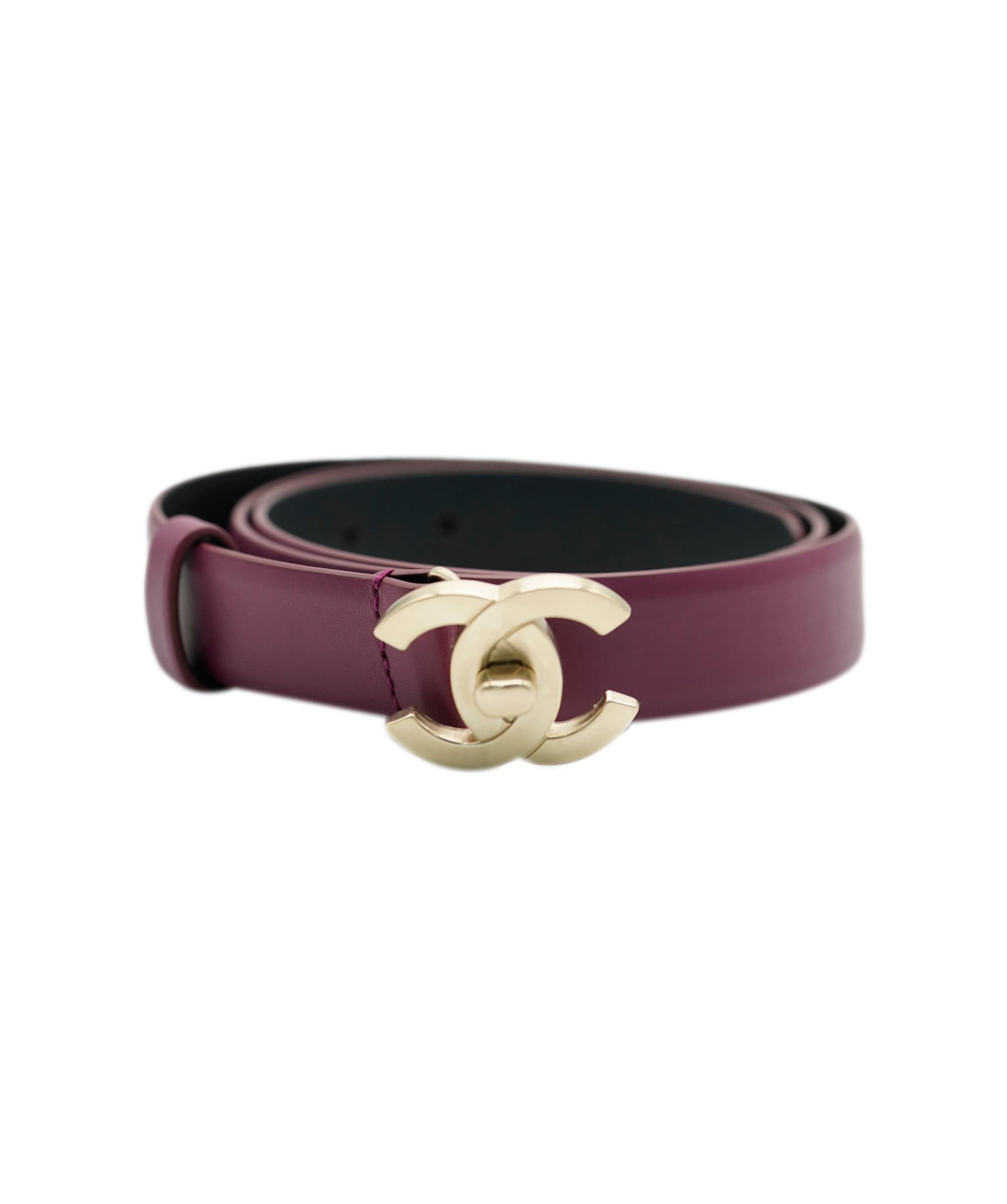 Chanel Chanel Burgundy and Brushed Gold CC Logo Leather Belt Size 90cm ASL8211