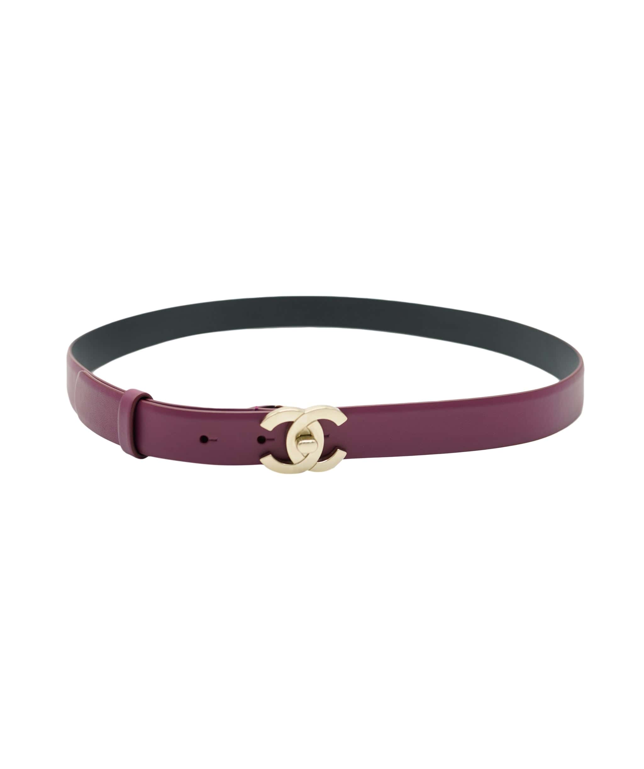 Chanel Chanel Burgundy and Brushed Gold CC Logo Leather Belt Size 90cm ASL8211