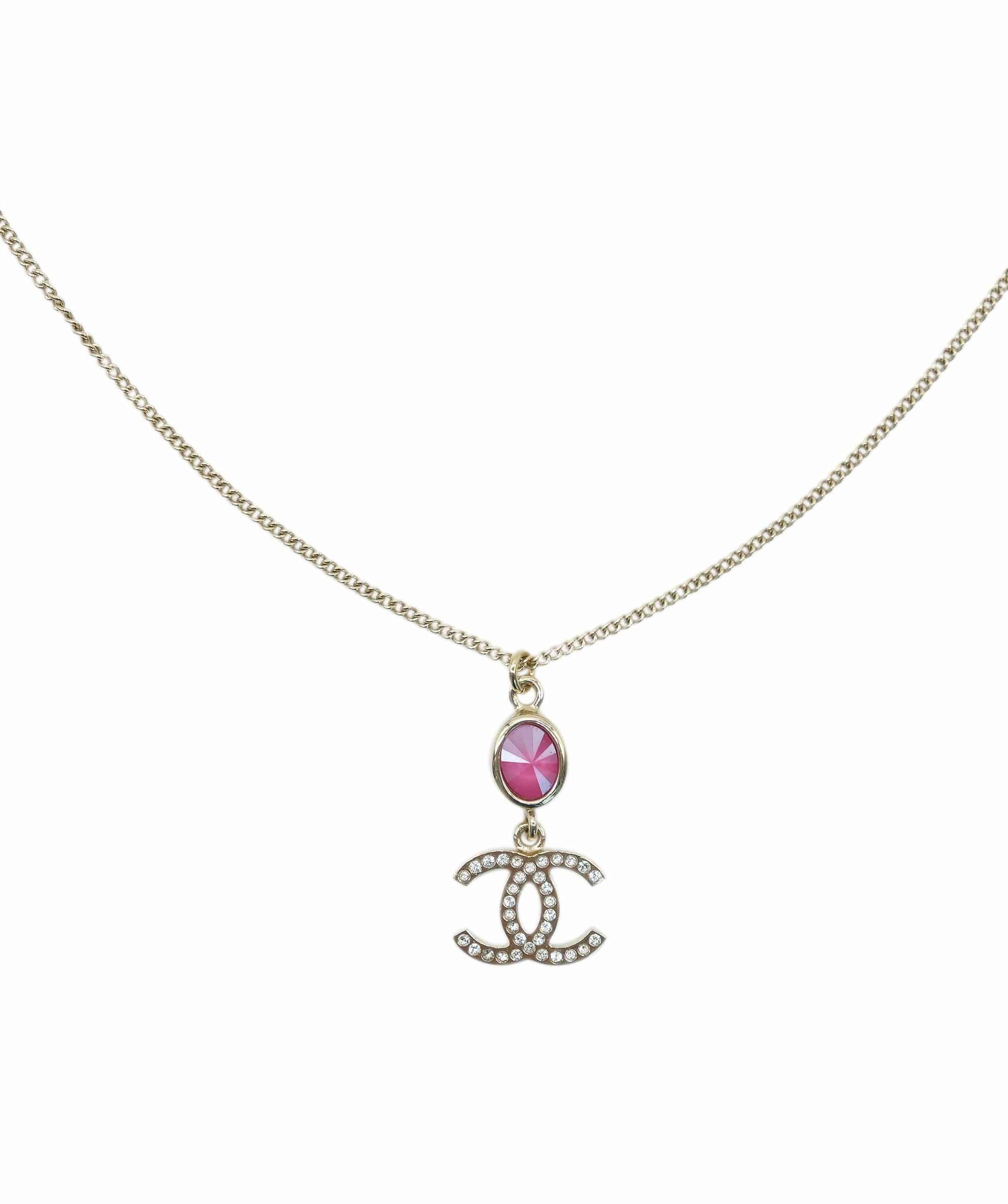 Chanel Chanel Cocomark Rhinestone Necklace Gold Pink ASL8469