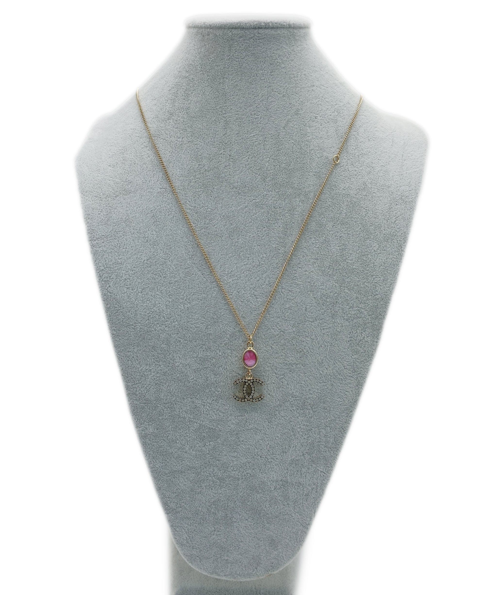 Chanel Chanel Cocomark Rhinestone Necklace Gold Pink ASL8469