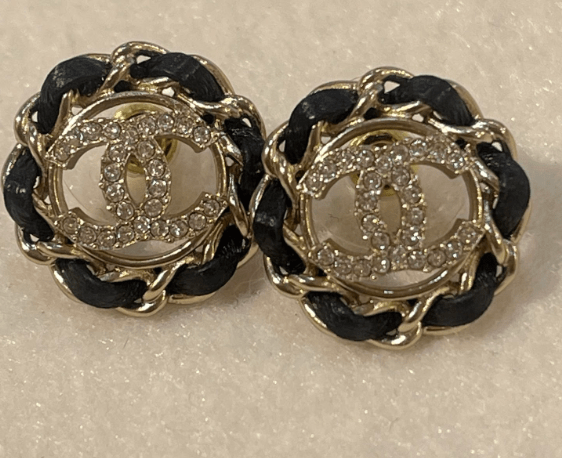 Chanel Chanel Cocomark Rhinestone Round Earrings Leather Gold Black B22S ASL8720