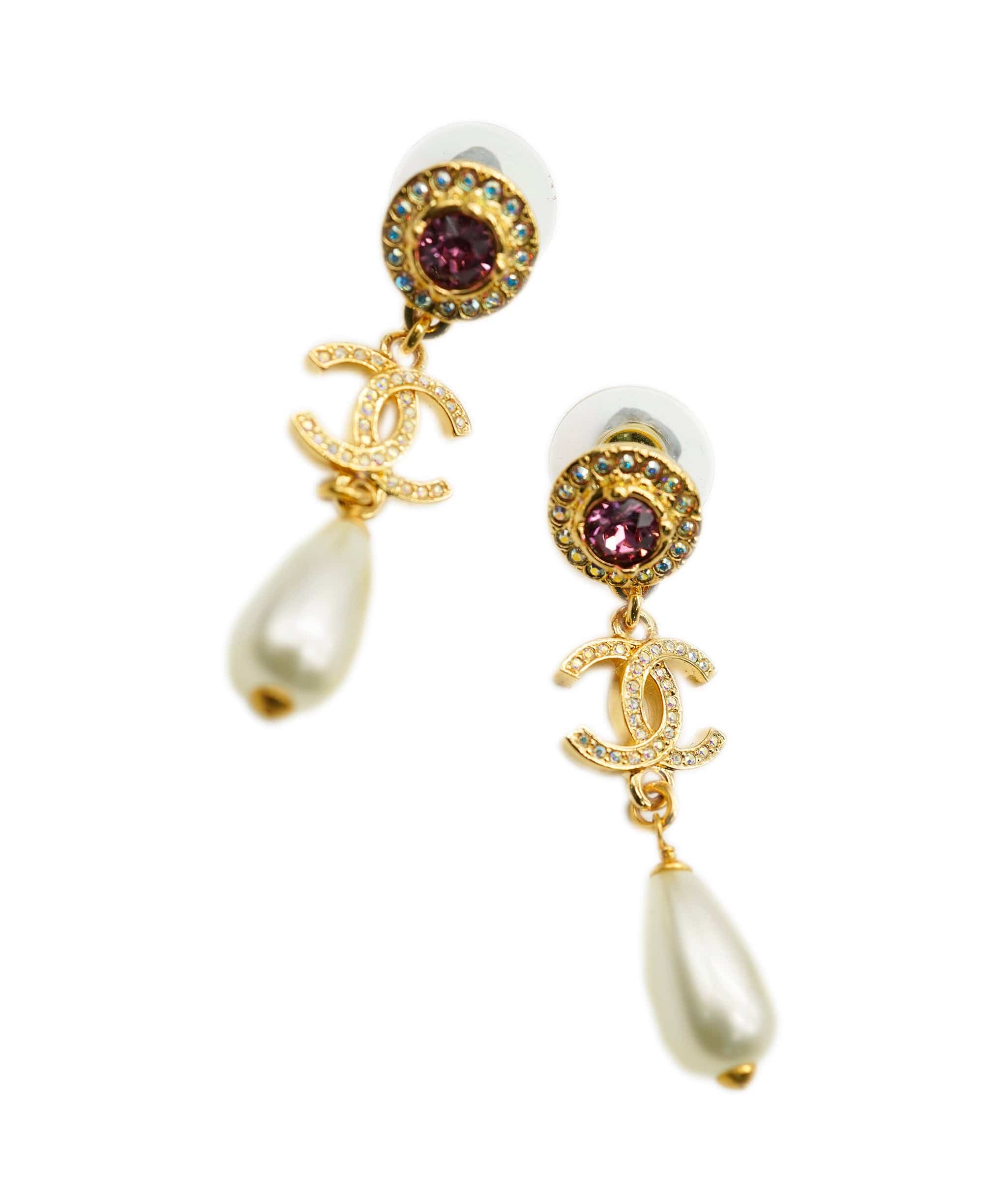 Chanel Chanel Pink Gem Stone with Crystal cc pearl Drop earrings ALC0862