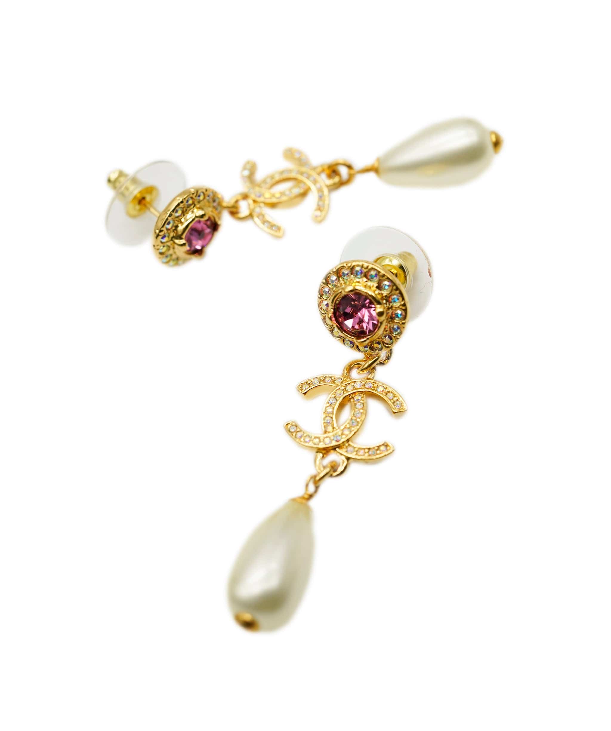 Chanel Chanel Pink Gem Stone with Crystal cc pearl Drop earrings ALC0862