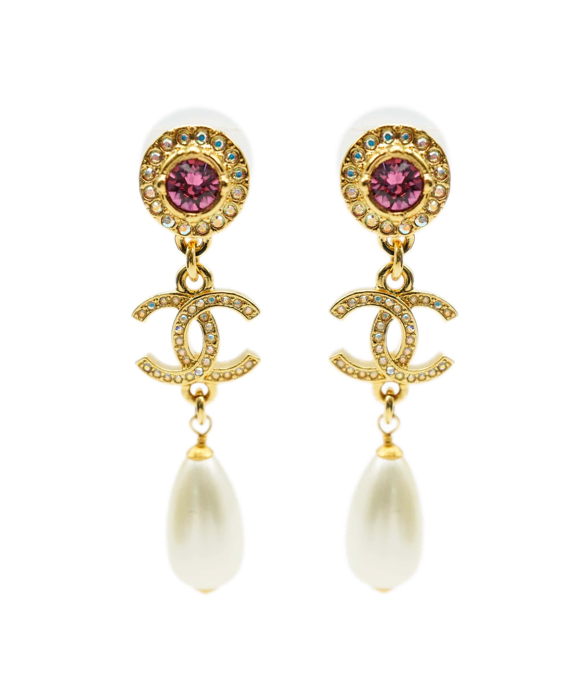 Chanel Chanel Pink Gem Stone with Crystal cc pearl Drop earrings ALC0862