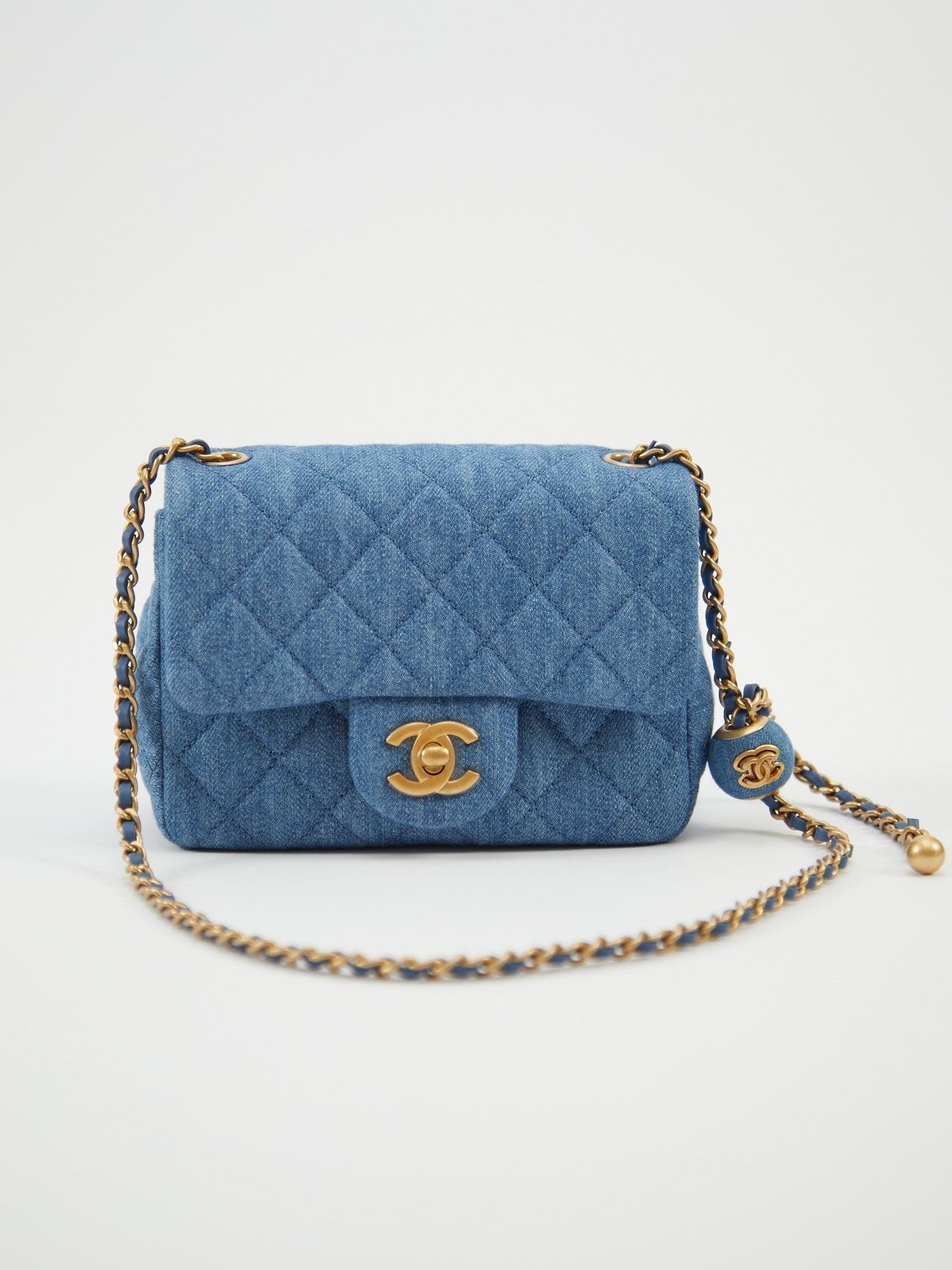 Chanel CHANEL MINI SQUARE FLAP BAG BLUE Denim with Gold Tone Hardware