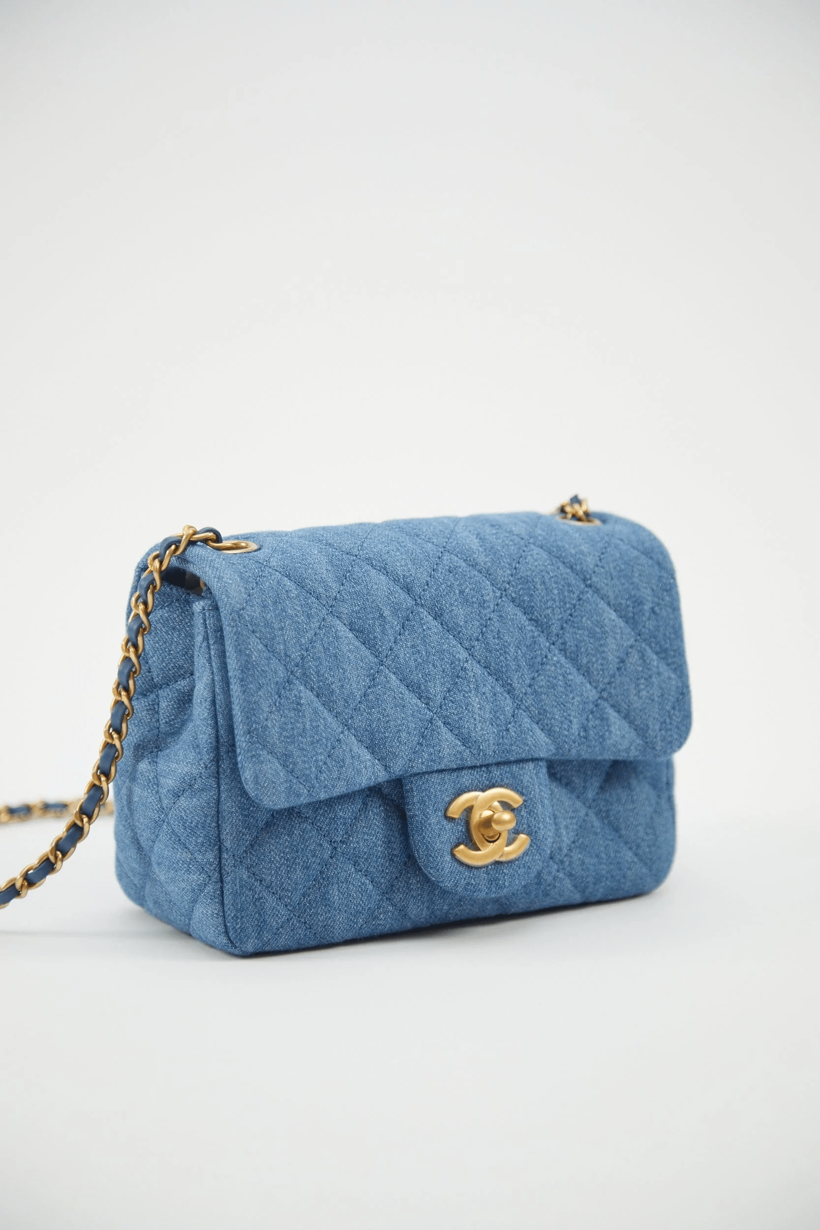 Chanel CHANEL MINI SQUARE FLAP BAG BLUE Denim with Gold Tone Hardware