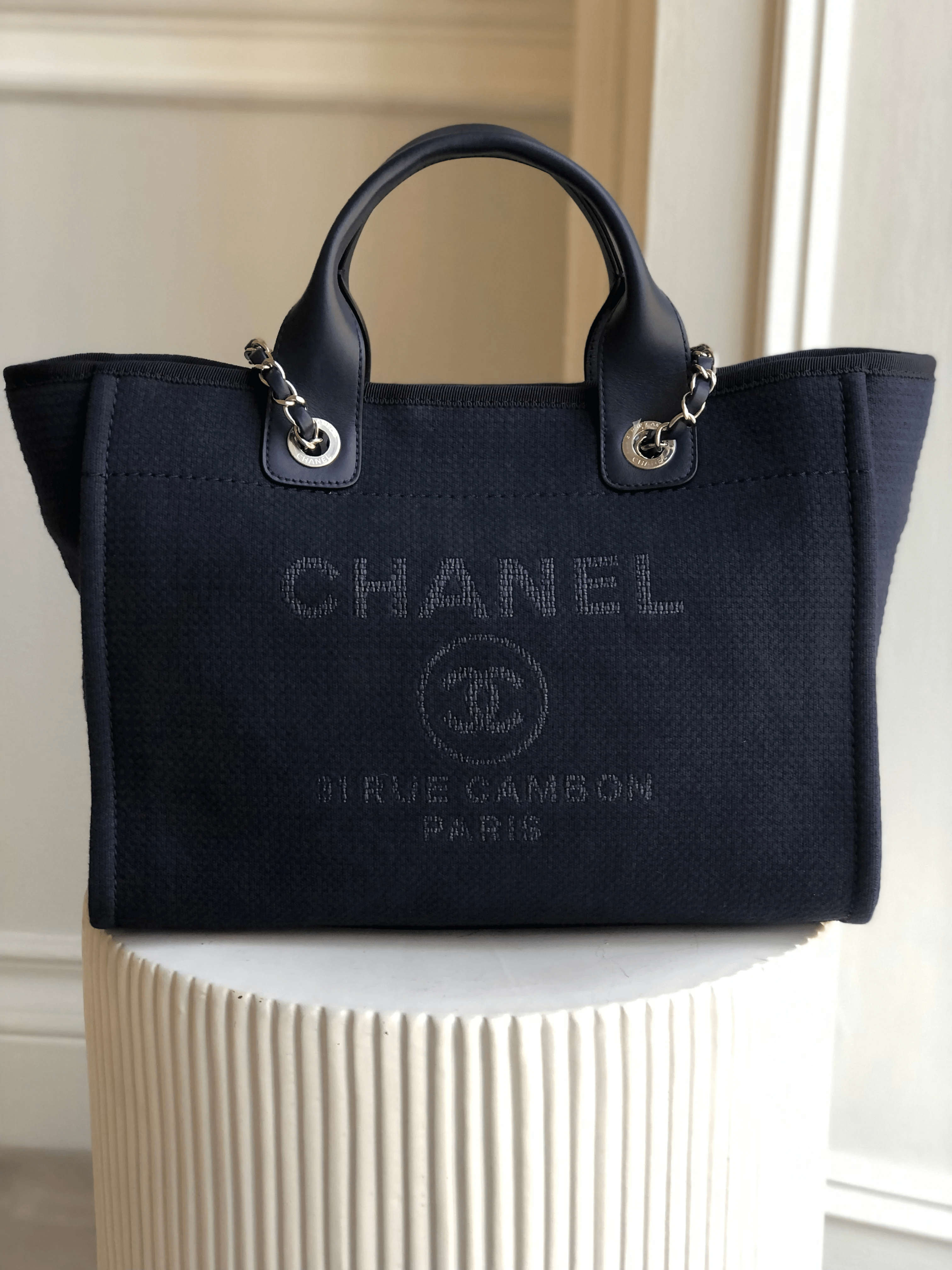 Chanel CHANEL SMALL DEAUVILLE TOTE Navy with Silver-tone Hardware