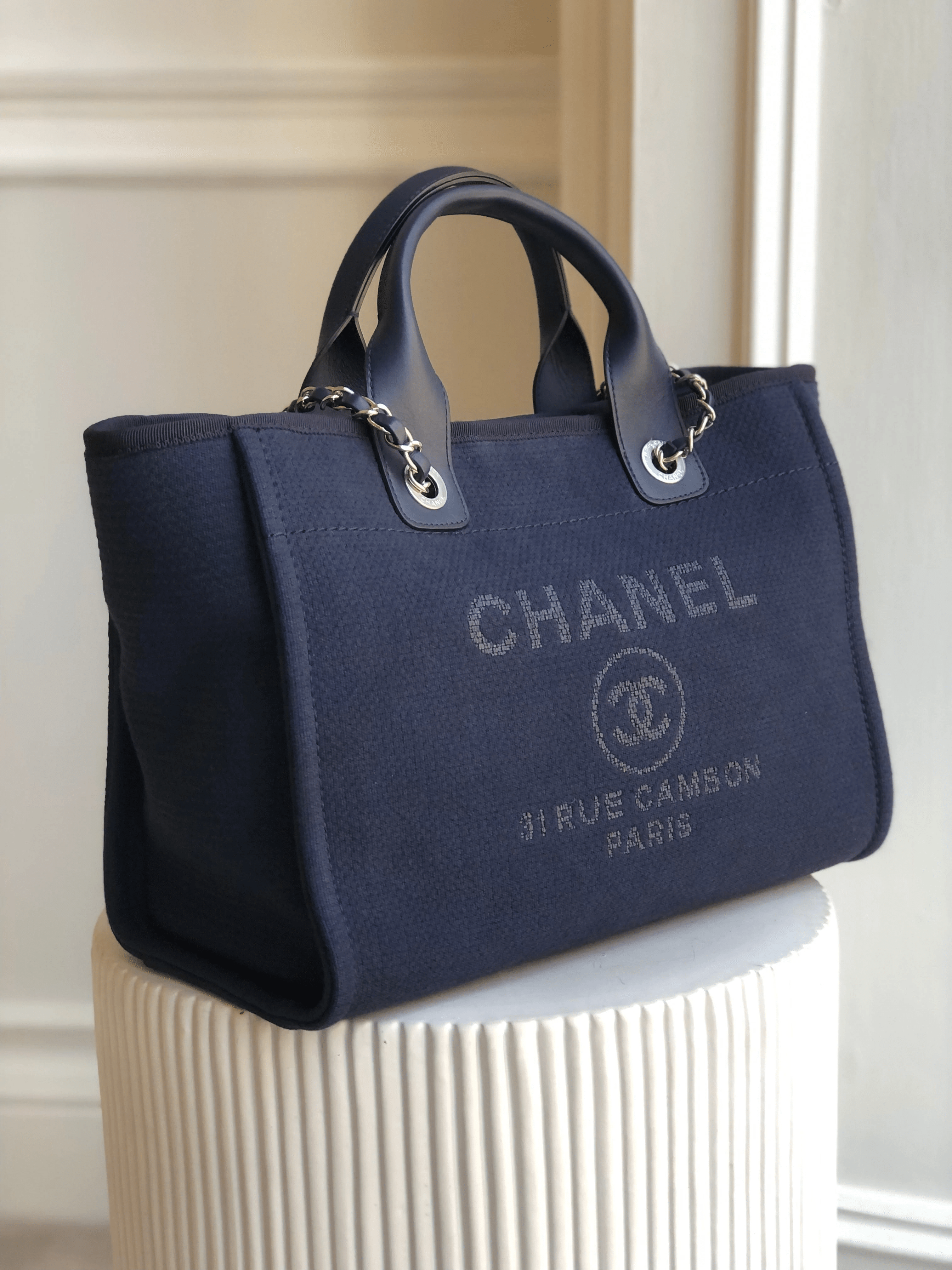 Chanel CHANEL SMALL DEAUVILLE TOTE Navy with Silver-tone Hardware