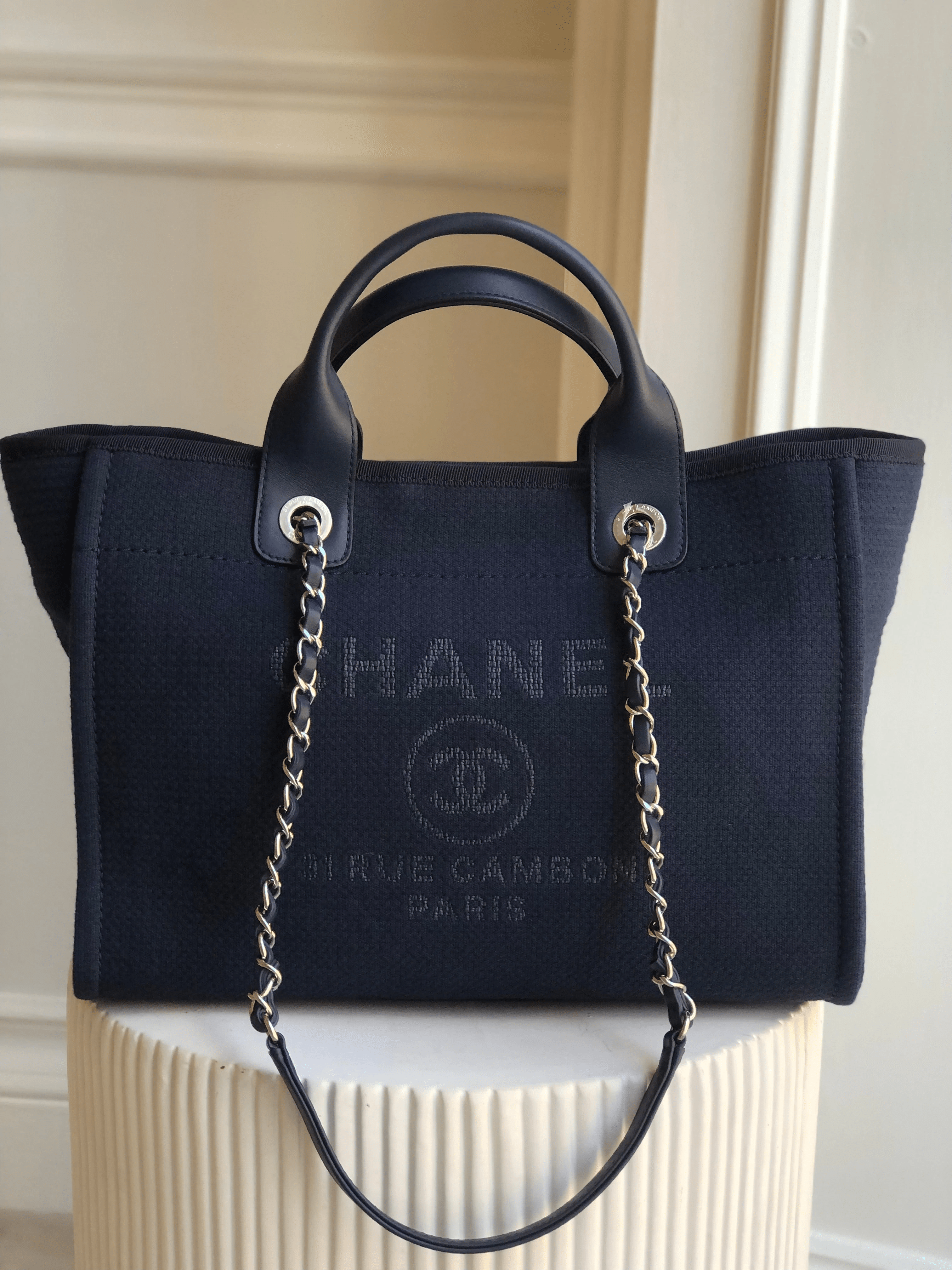 Chanel CHANEL SMALL DEAUVILLE TOTE Navy with Silver-tone Hardware