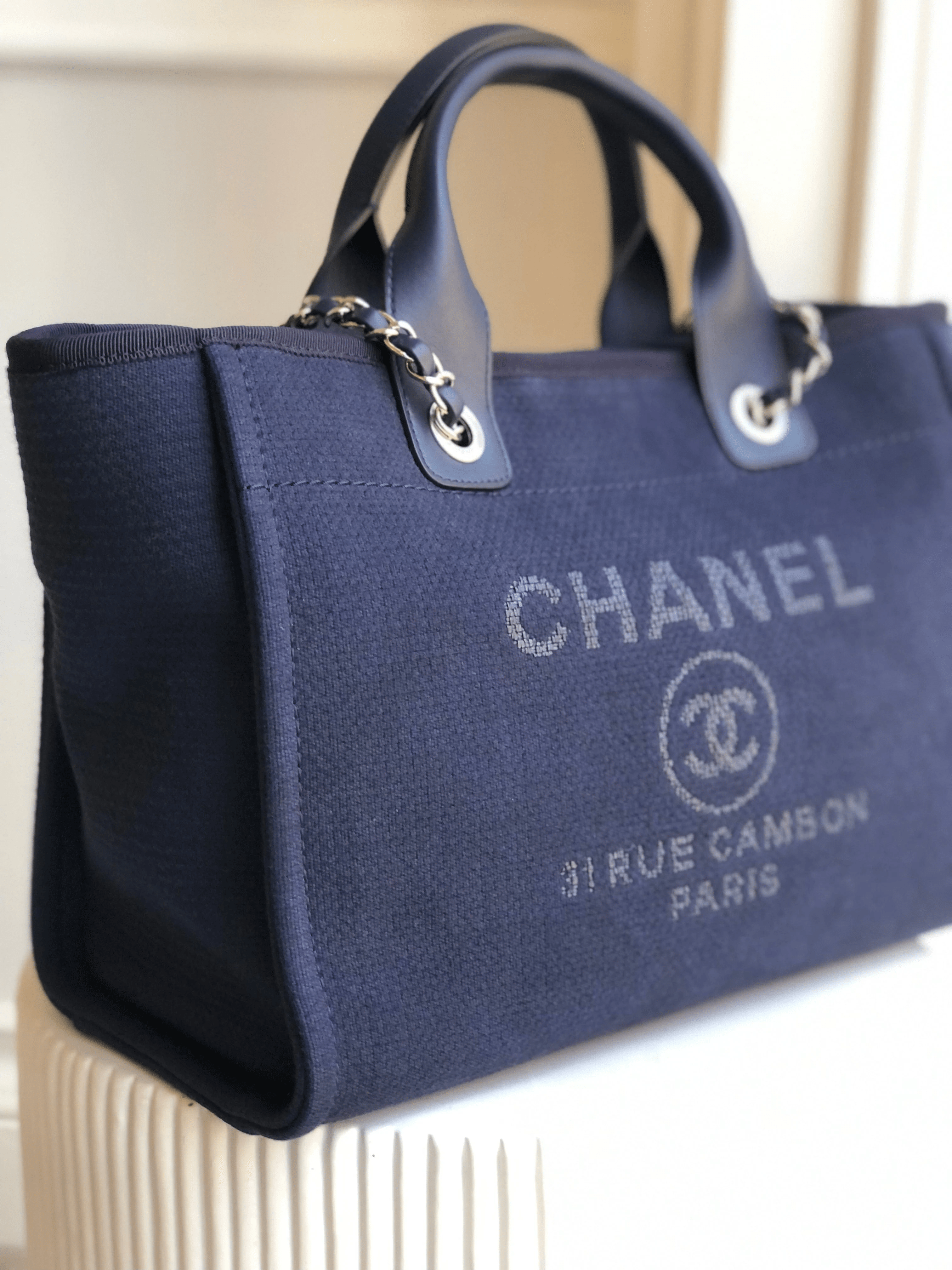 Chanel CHANEL SMALL DEAUVILLE TOTE Navy with Silver-tone Hardware