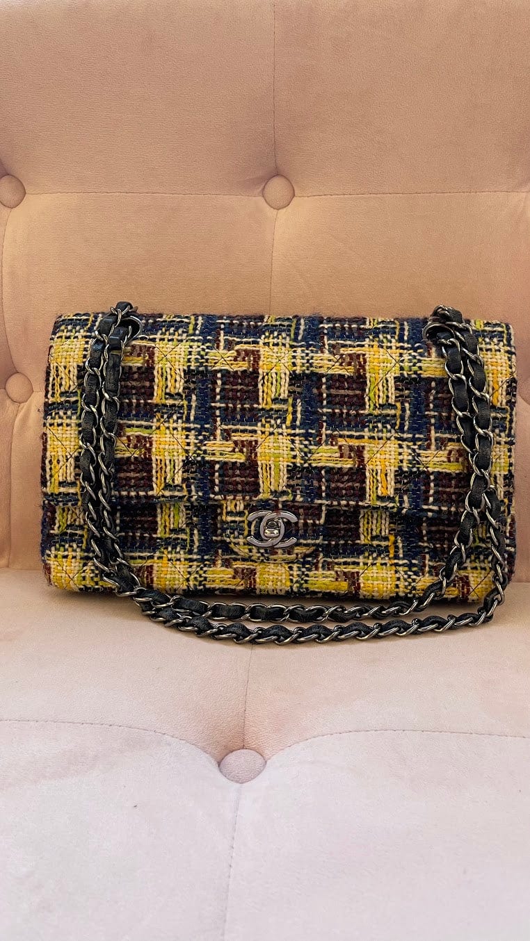 220272 Chanel Classic Double Flap Bag Yellow Tweed