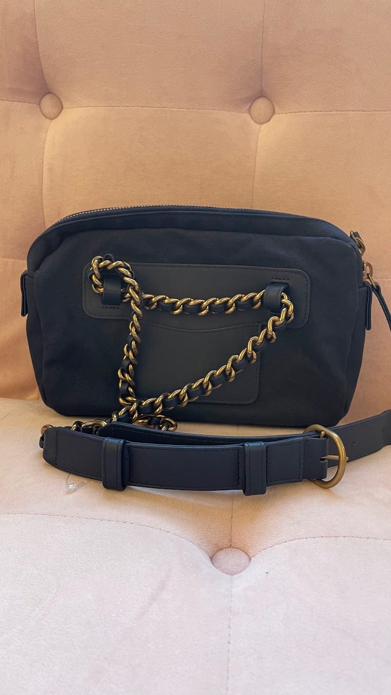 Chanel 59171 Chanel Double Pocket Small Waist Bag Blue Canvas