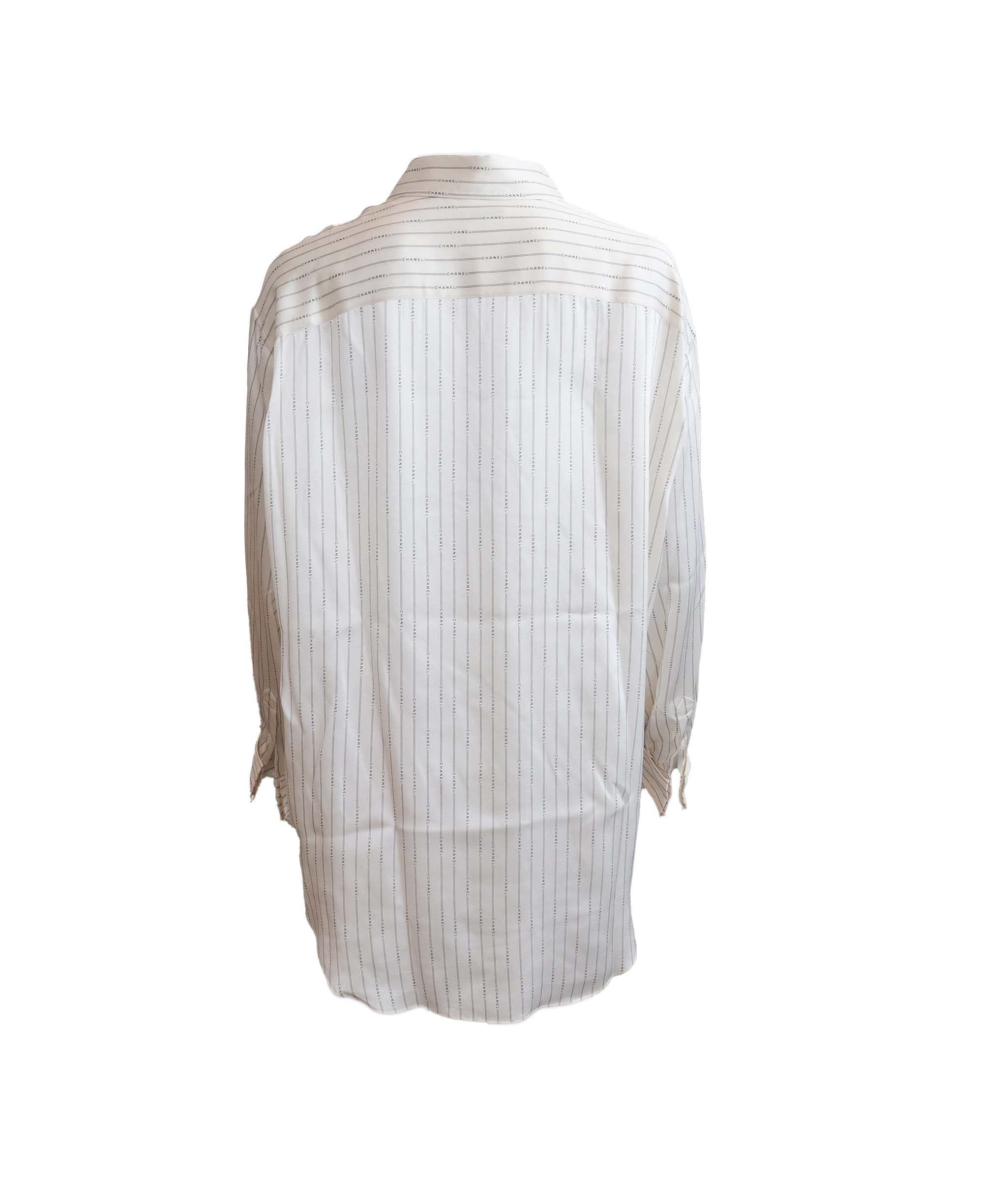 Chanel Chanel 99A Logo Stripe Silk Shirt White  DXBS1278