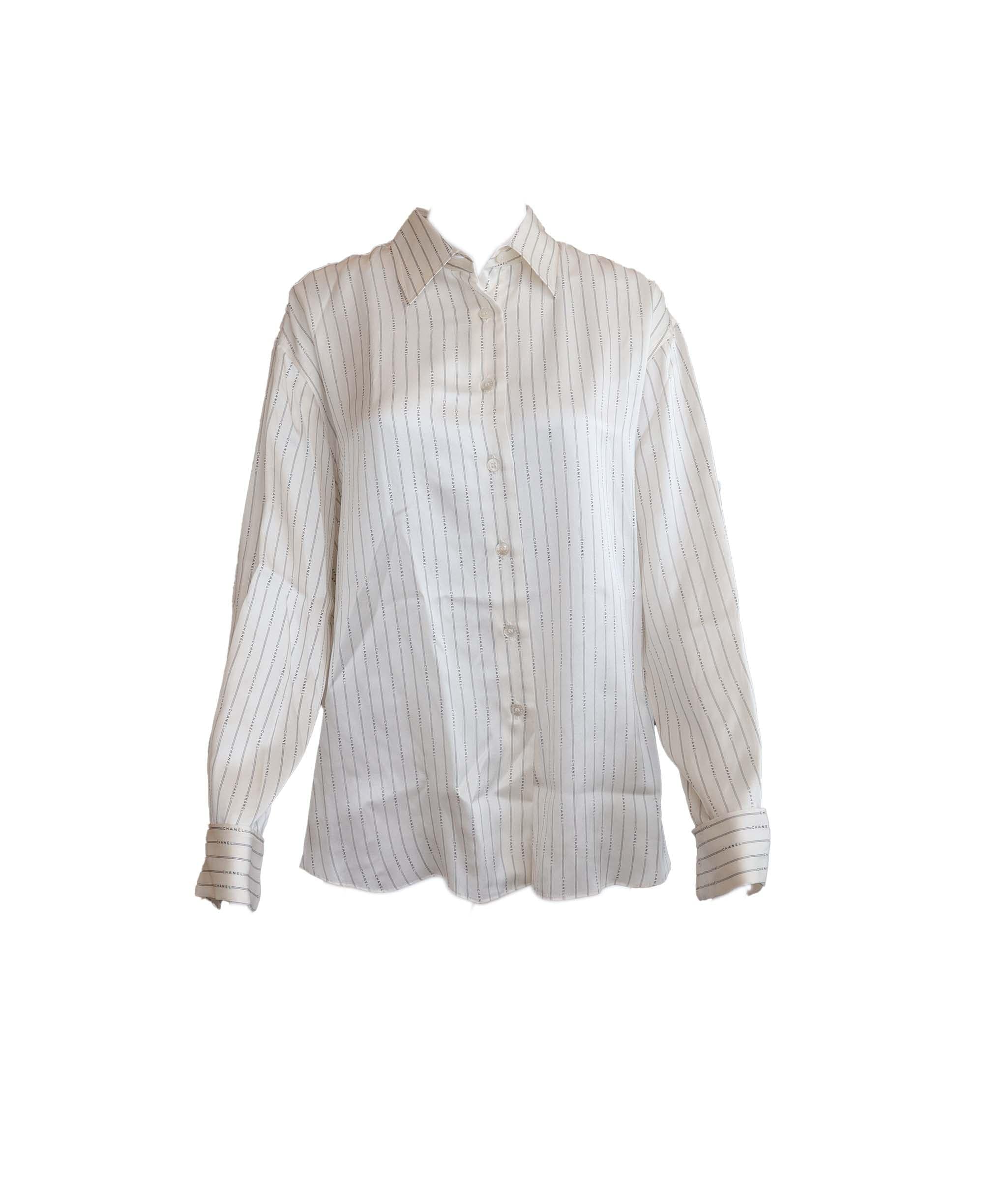 Chanel Chanel 99A Logo Stripe Silk Shirt White  DXBS1278