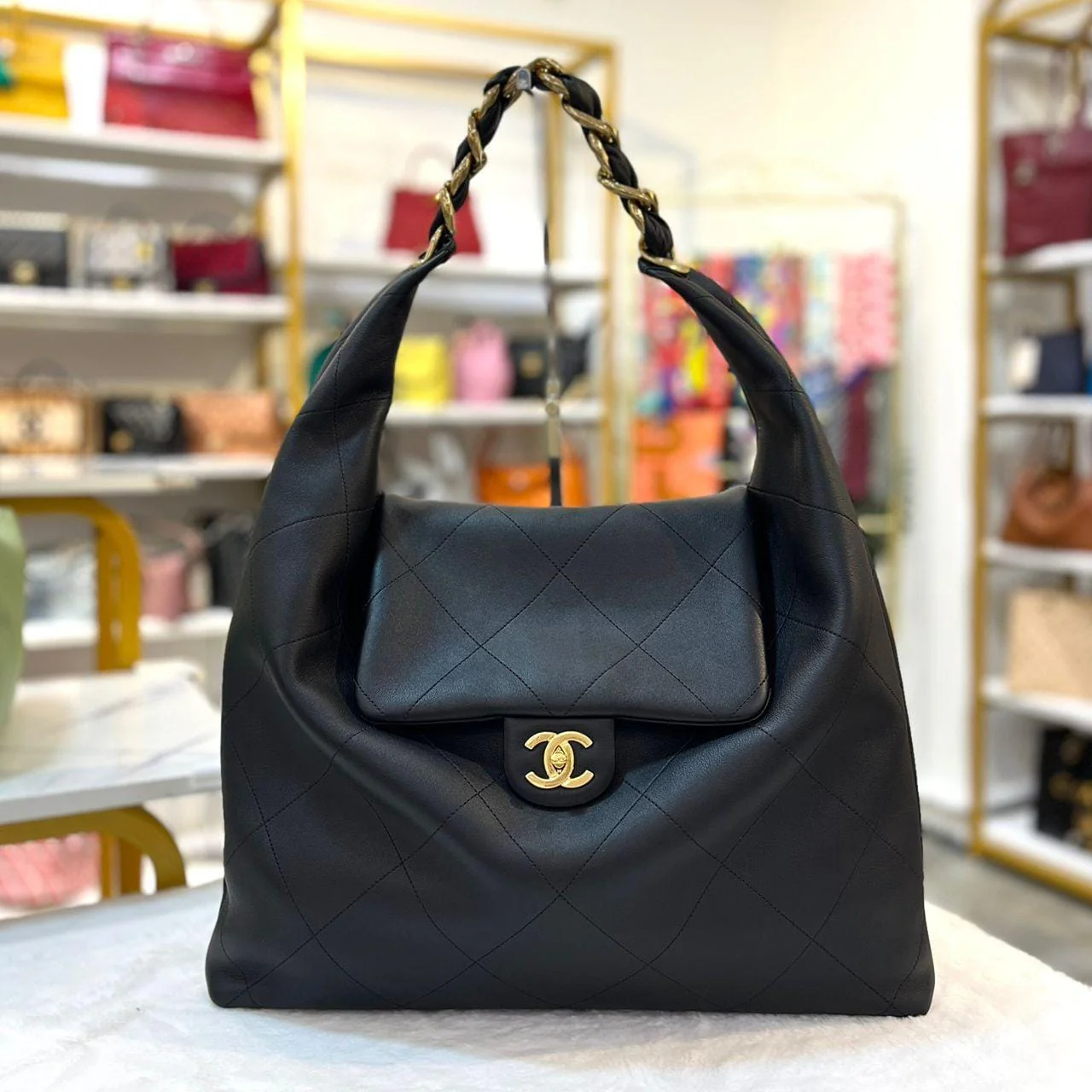 CHANEL CHANEL  BLACK SHINY CALFSKIN LEATHER MAXI HOBO BAG IN GHW  SYCHB1415