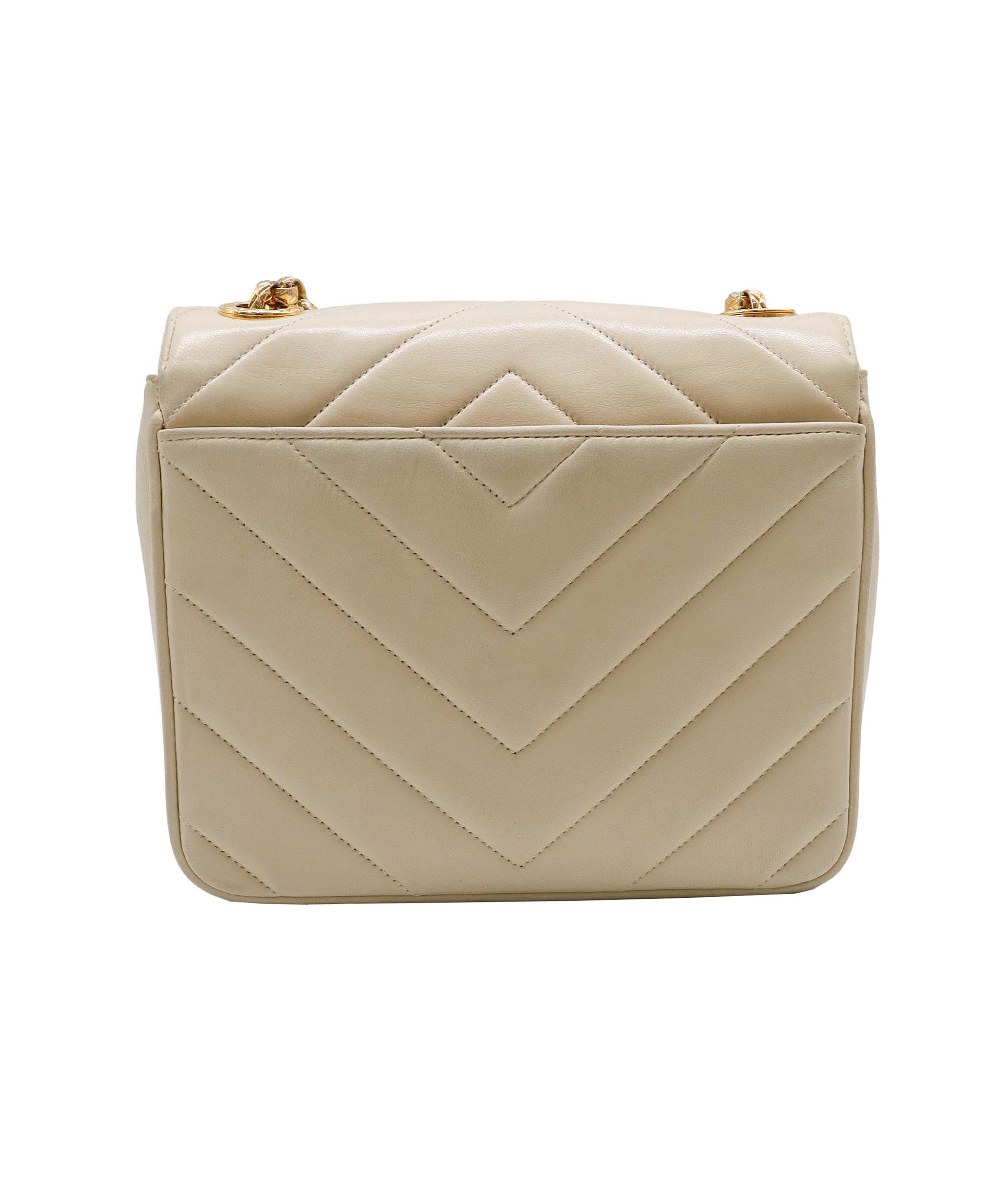 Chanel CHANEL chevron V stitch bijou chain shoulder bag leather beige gold 90249889 DXBS1410