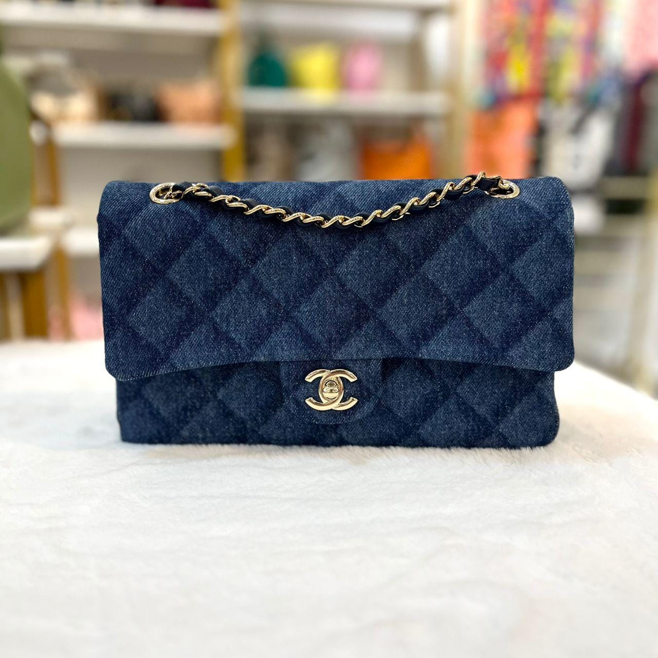 CHANEL CHANEL DARK BLUE CF DANIM CLASSIC DOUBLE FLAP IN GHW SYCHB1411