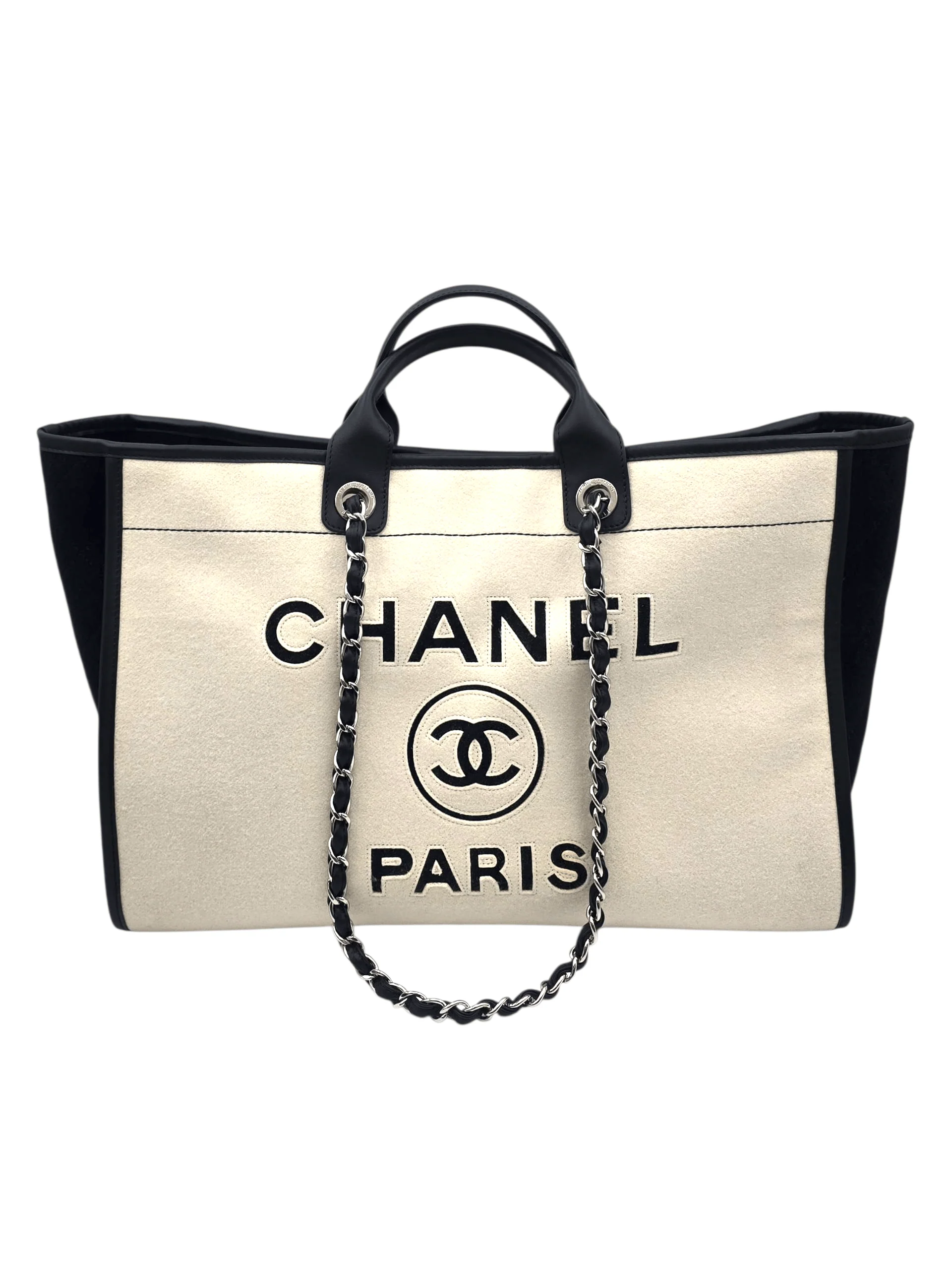 Chanel Chanel Deauville GM White / Black Shoulder Bag in Wool / Felt Silver hardware SYC432JY