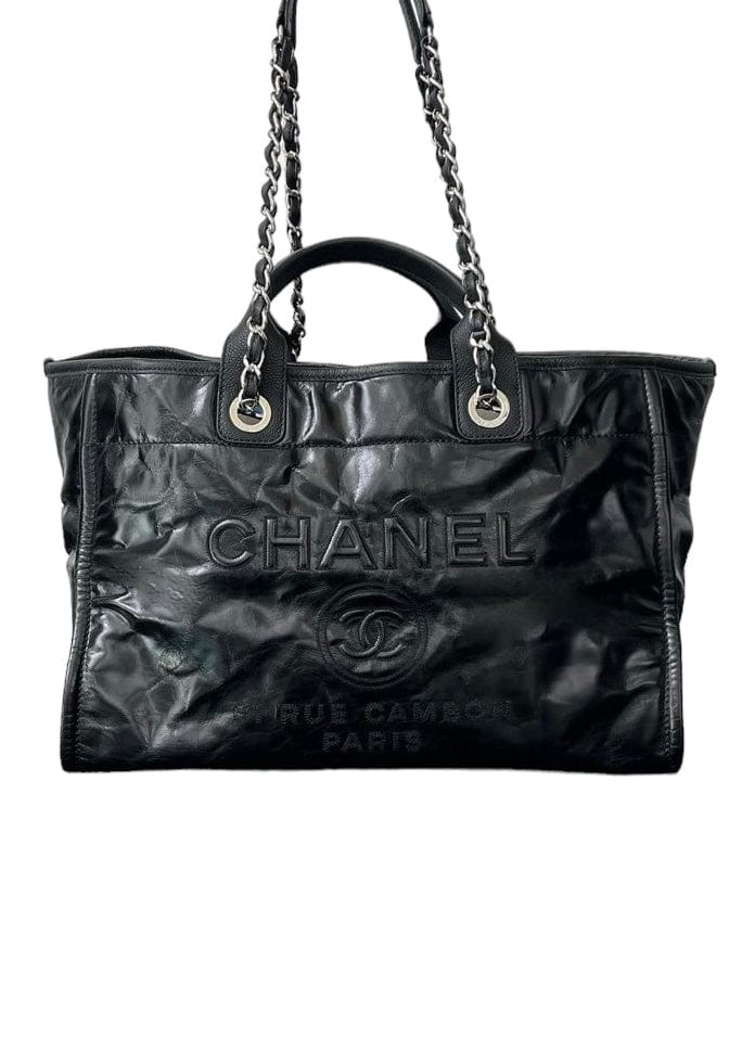 Chanel Chanel Deauville Tote Large Black Distress Calfskin PHW #22 SKCY016