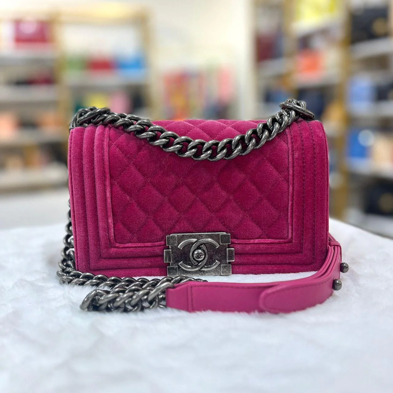 CHANEL CHANEL FUCHSIA VELVET & CALFSKIN QUILTED SMALL BOY CLAP IN RUTHENIUM HW SYCHB1392