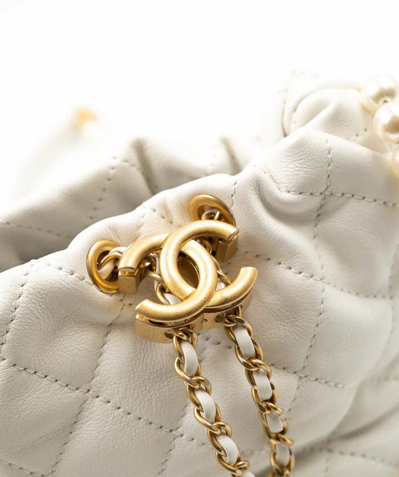 Chanel Chanel Light White Calfskin Quilted Pearl Mini About Pearls Drawstring Bucket Bag - DXBS1466