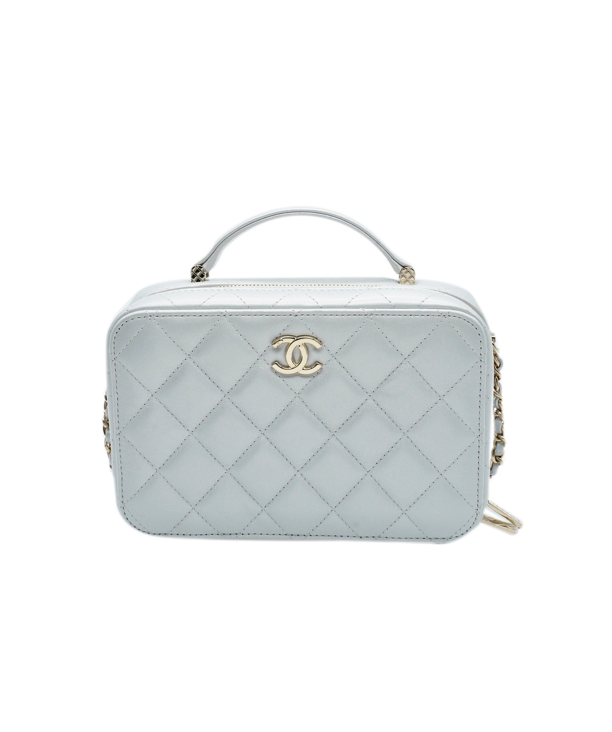 Chanel CHANEL Metallic Lambskin Quilted Top Handle Vanity Case Silver ALC0794