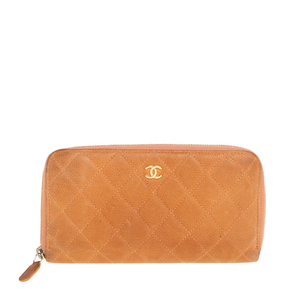 Chanel Chanel Orange Quilted Caviar Suede CC Zip Around Wallet RJC4375